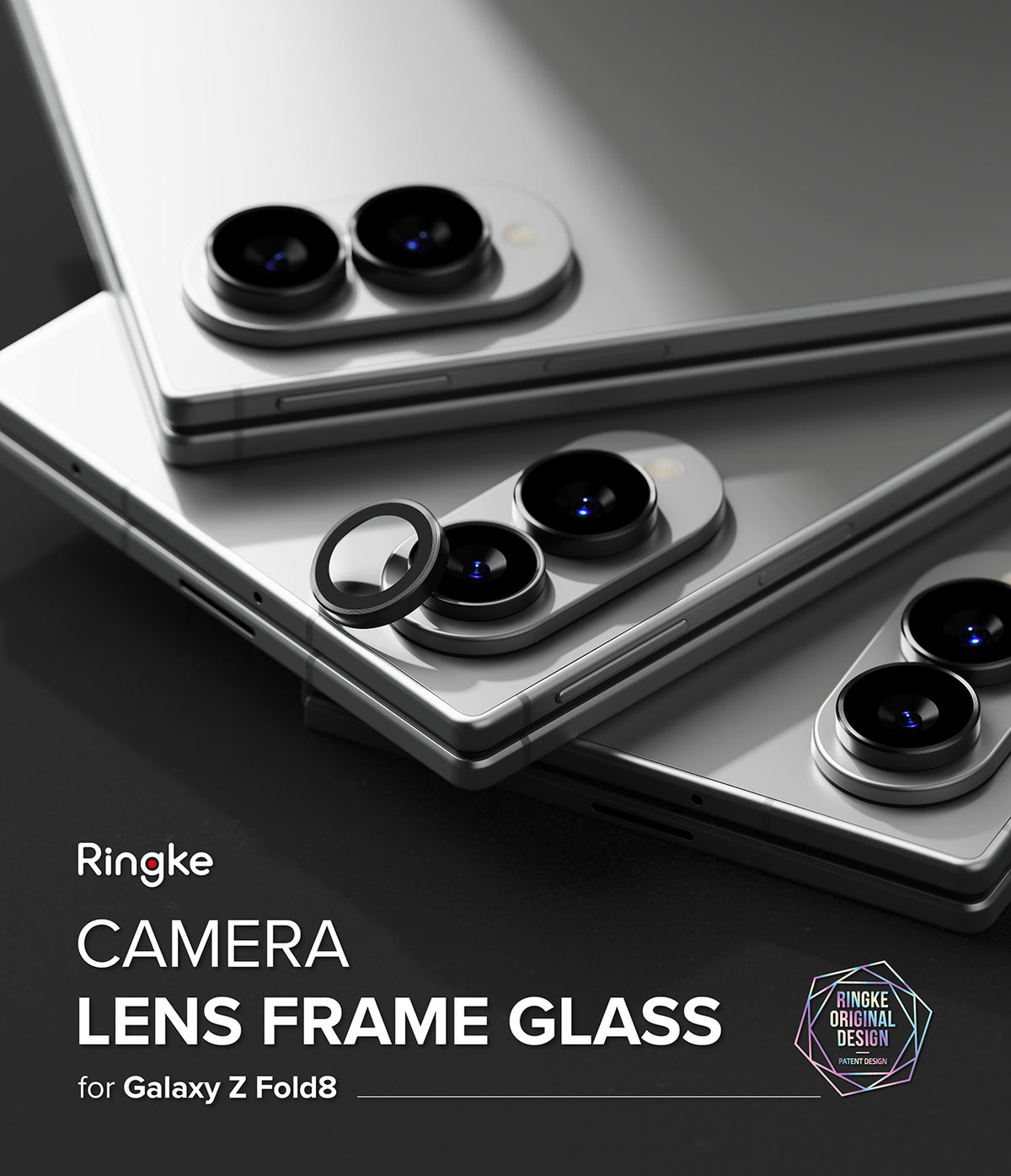 Galaxy Z Fold 8 | Fusion Air Flap Magnetic + 360° Privacy & Camera - Three silver smartphones shown at an angle with Ringke camera lens frame glass accessories applied around the rear camera cutouts. The image includes text reading 'Ringke CAMERA LENS FRAME GLASS for Galaxy Z Fold8' on a dark background.