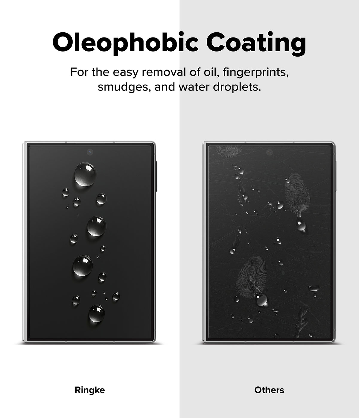 Galaxy Z Fold 8 | Fusion Air Flap Magnetic + 360° Privacy & Camera - A promotional comparison graphic for oleophobic coating on a smartphone screen. The left side shows a black phone screen with water droplets and oil-like smudges, labeled 'Ringke'; the right side shows a similar black screen with the marks wiped away, labeled 'Others'.