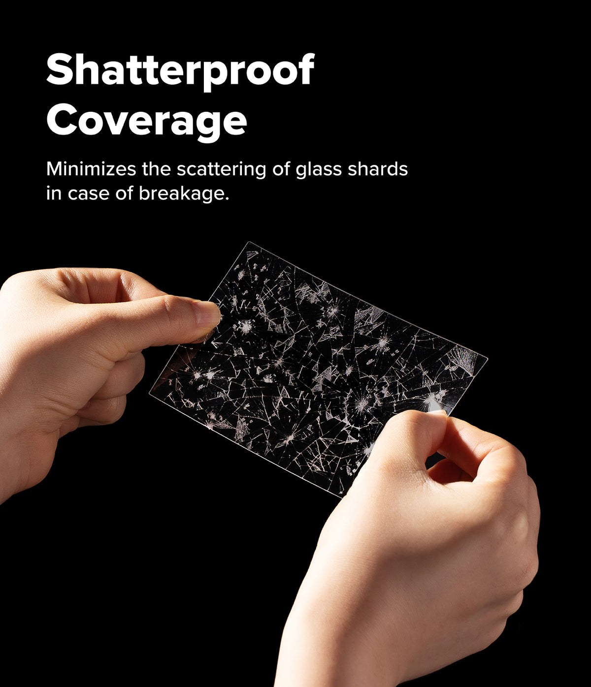 Galaxy Z Fold 8 | Fusion Air Flap Magnetic + 360° Privacy - Hands holding a transparent shatterproof glass panel with visible crack-like patterning, shown against a black background with the text 'Shatterproof Coverage' and a supporting product claim.