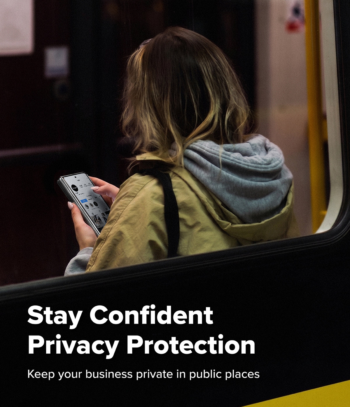 Galaxy Z Fold 8 Screen Protector | Cover Display Easy Slide Privacy Tempered Glass (2 Pack) - A woman seen from behind sitting on a subway train, holding a smartphone. Large white text at the bottom reads 'Stay Confident Privacy Protection' with smaller text 'Keep your business private in public places.