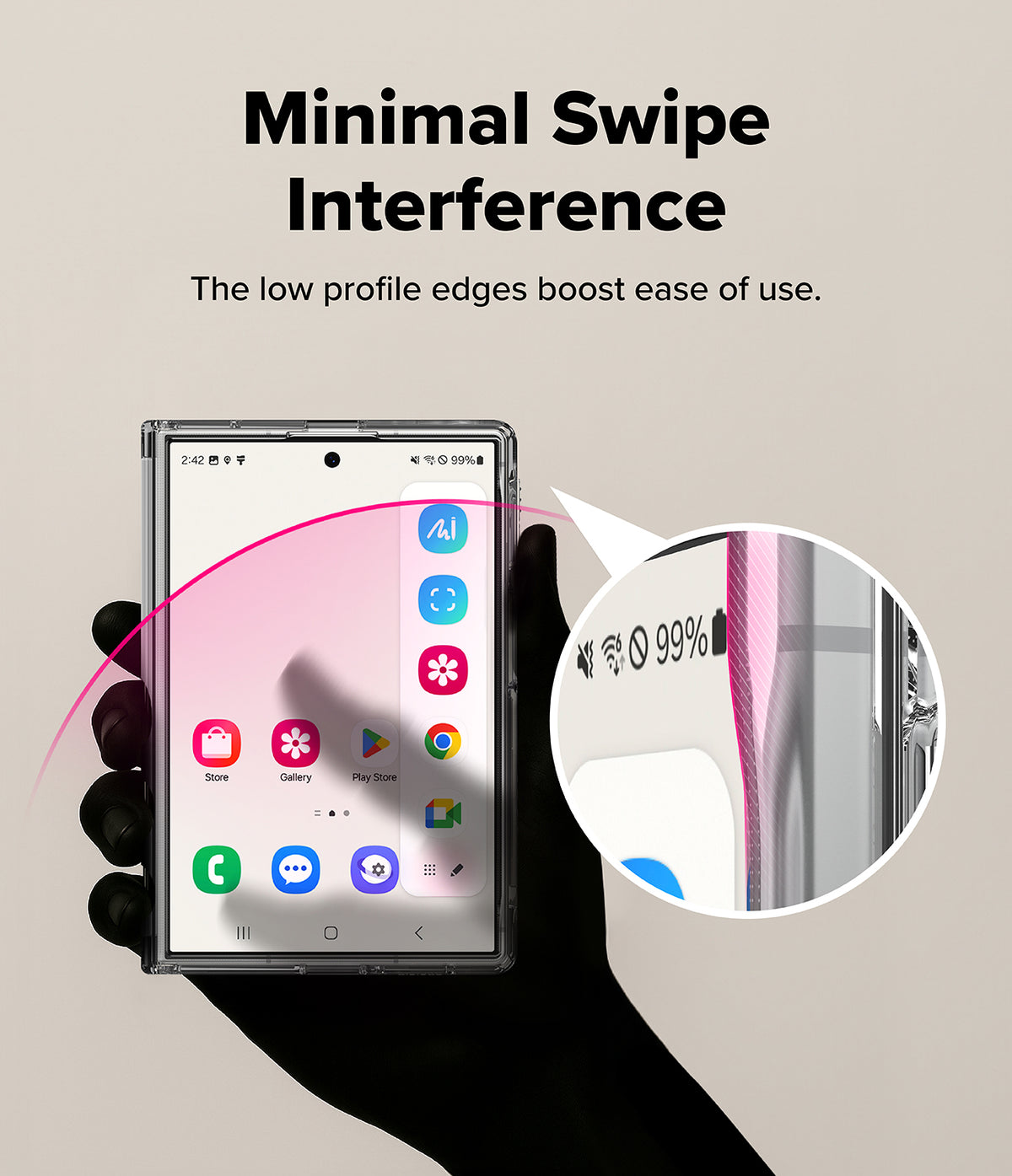 Galaxy Z Fold 8 Case | Fusion Flap Magnetic - A hand holds a smartphone showing a clear, low-profile protective case with a pink inner lining. The image includes marketing text reading 'Minimal Swipe Interference' and a circular inset close-up of the phone edge showing the pink lining and low profile.