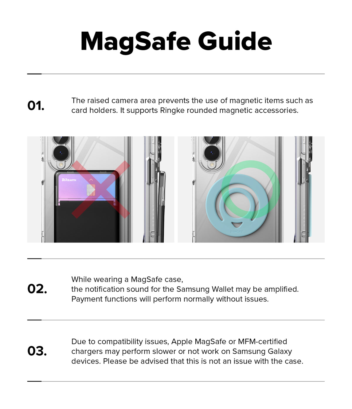Galaxy Z Fold 8 Case | Fusion Flap Magnetic - A compatibility and usage guide graphic titled 'MagSafe Guide' on a white background, with three numbered text panels and small inset photos showing MagSafe attached to a phone case.