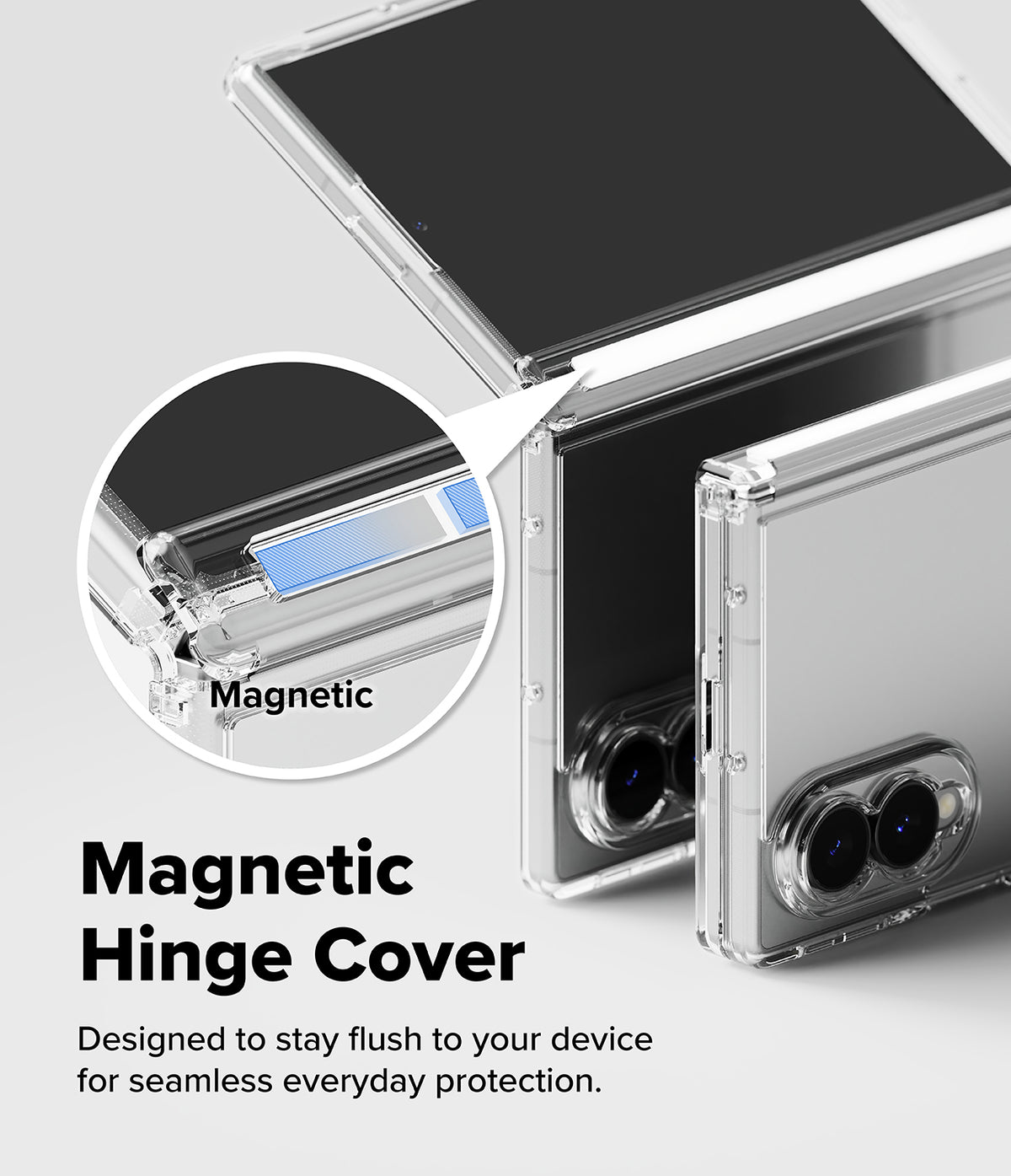 Galaxy Z Fold 8 Case | Fusion Flap - Transparent magnetic hinge phone case shown on a folded smartphone, with a circular inset highlighting the magnetic connection and text reading 'Magnetic Hinge Cover' on a light gray background.