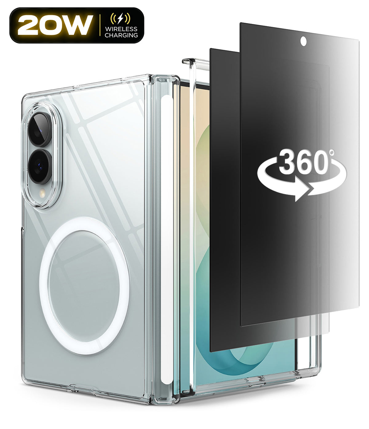 Galaxy Z Fold 8 | Fusion Air Flap Magnetic + 360° Privacy - Transparent protective phone case with a circular MagSafe ring, shown alongside a black 360-degree rotating screen protector and a 20W wireless charging badge on a white background.