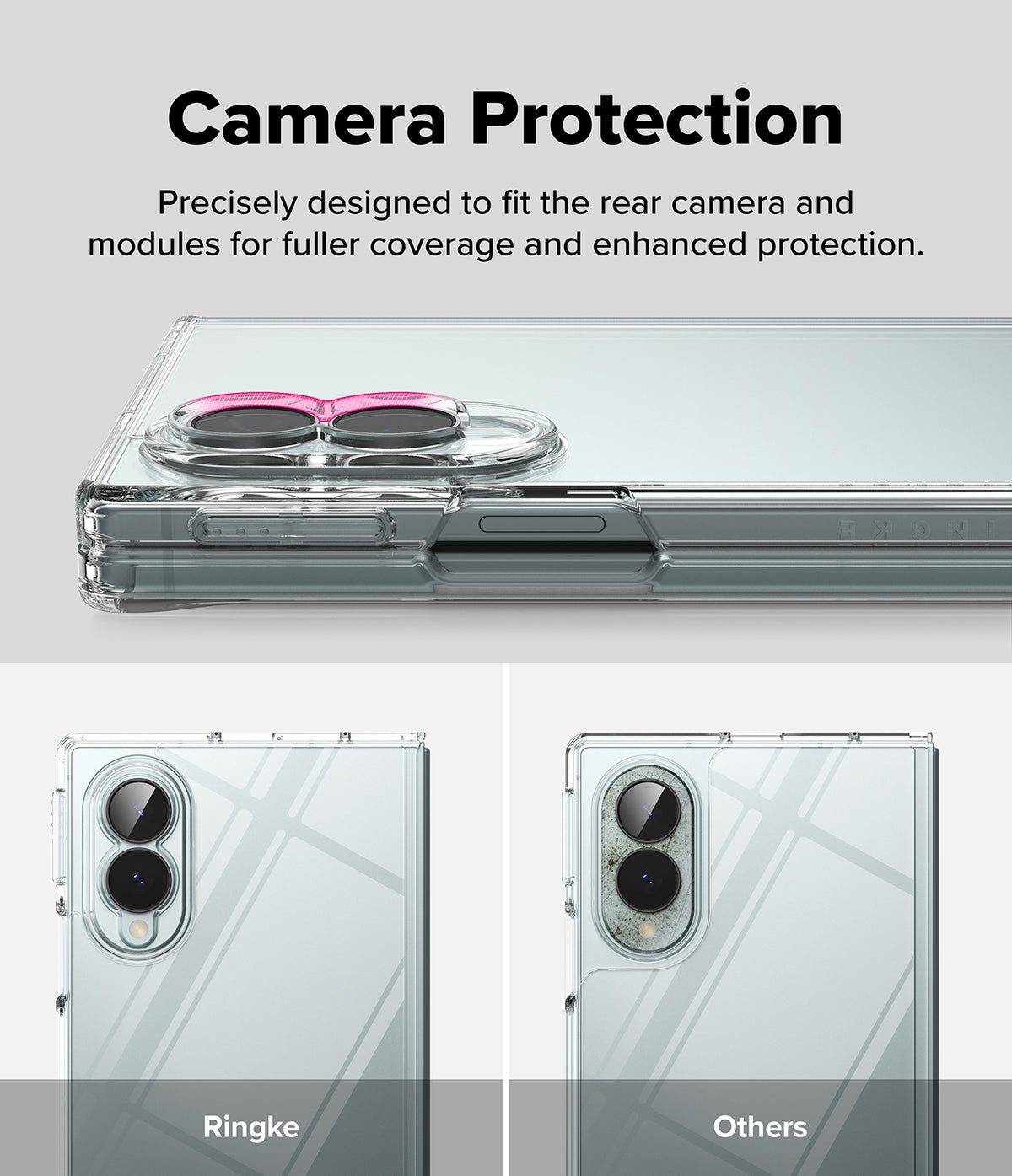 Galaxy Z Fold 8 | Fusion - Clear camera protection case shown on a smartphone back, with text reading 'Camera Protection' and comparison labels 'Ringke' and 'Others' below.