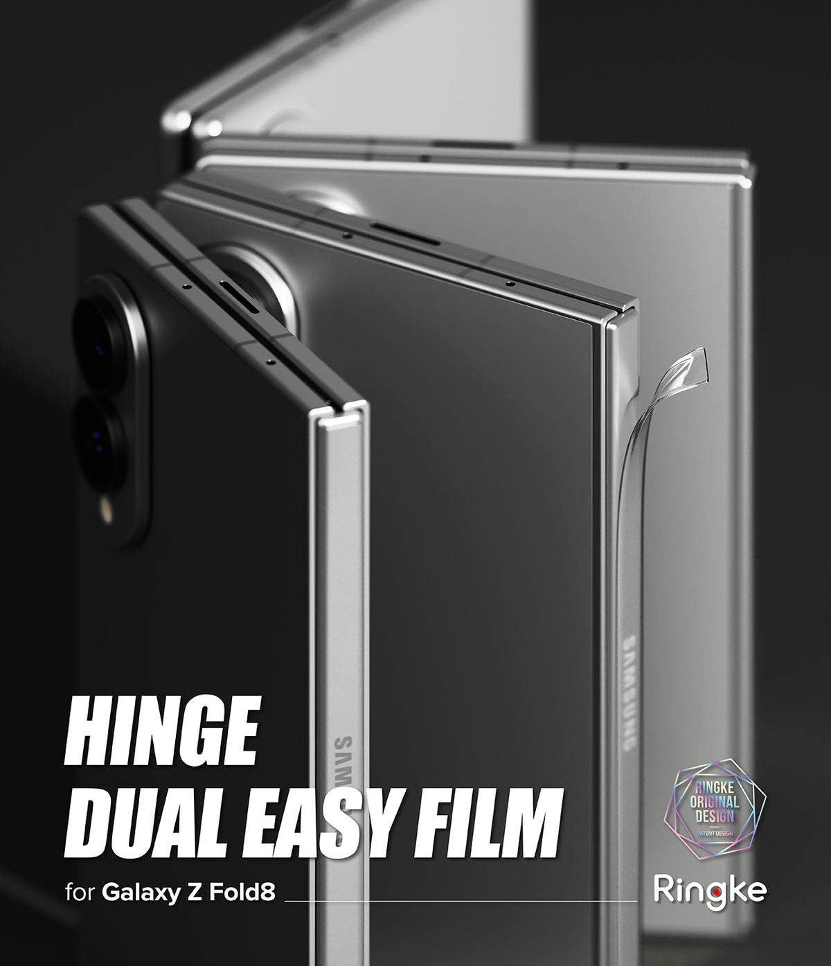 Galaxy Z Fold 8 Hinge Protector | Hinge Dual Easy Film (2 Pack) - A promotional render showing a Samsung Galaxy Z Fold8 foldable phone with a transparent hinge film applied, alongside marketing text reading 'HINGE DUAL EASY FILM for Galaxy Z Fold8' and a Ringke logo.