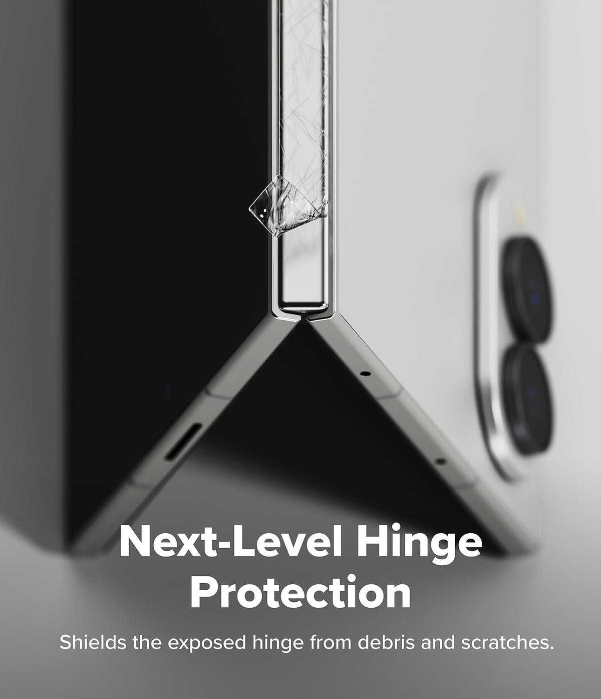 Galaxy Z Fold 8 Hinge Protector | Hinge Dual Easy Film (2 Pack) - Close-up of a foldable smartphone hinge with protective clear cover and text overlay reading 'Next-Level Hinge Protection' and 'Shields the exposed hinge from debris and scratches.'.