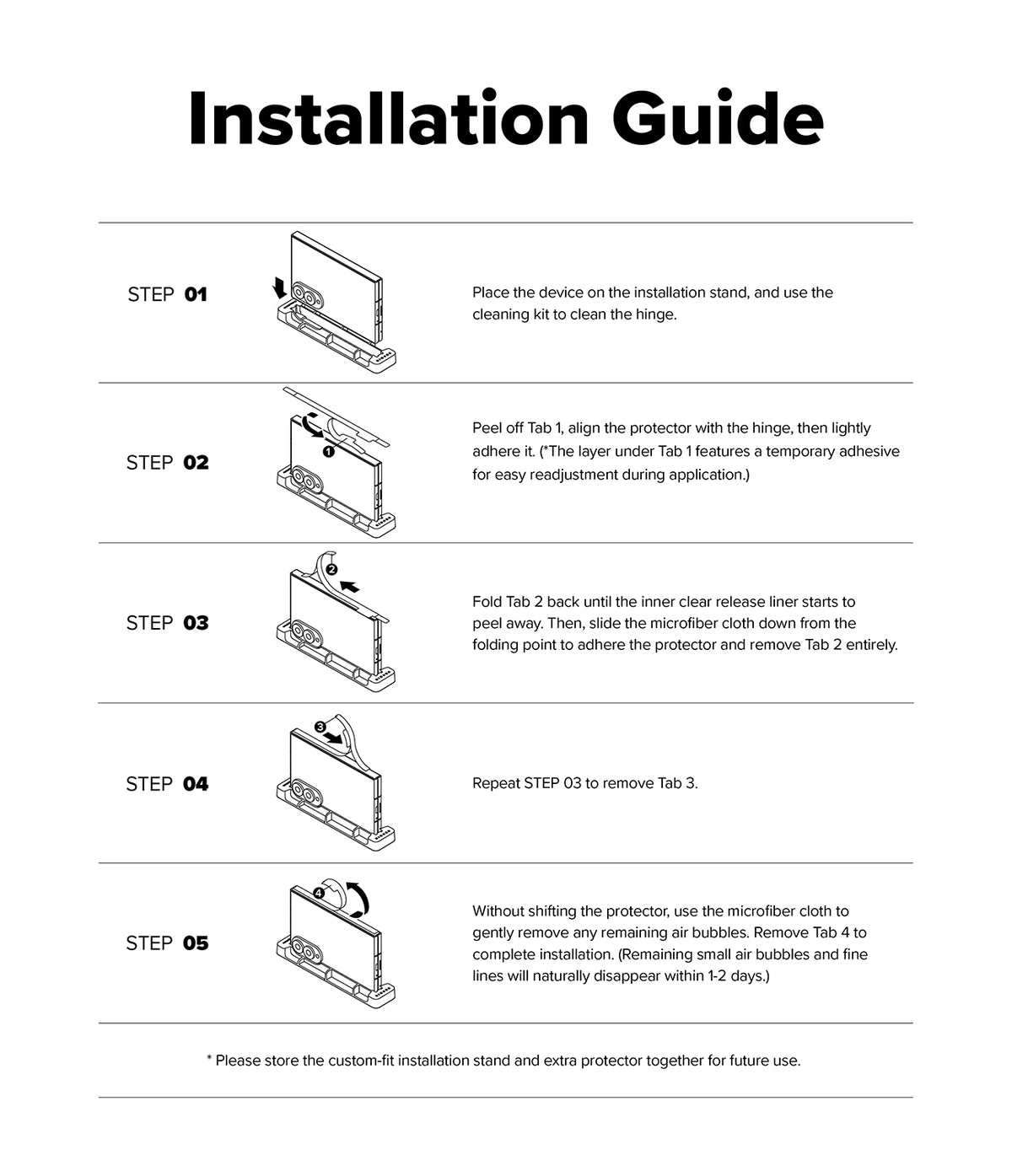 Galaxy Z Fold 8 Hinge Protector | Hinge Dual Easy Film (2 Pack) - An installation guide sheet with five labeled steps (STEP 01 to STEP 05) showing illustrated diagrams of how to peel off and apply a protective film to a device, on a white background with black text.