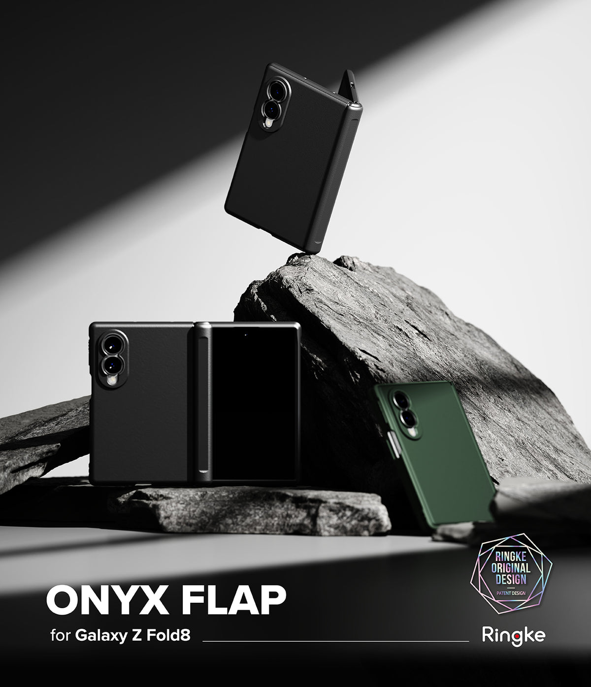 Galaxy Z Fold 8 Case | Onyx Flap - Three Ringke Onyx Flap cases for Samsung Galaxy Z Fold8 are displayed in a stylized studio setting with dramatic lighting and dark rocks. Two cases are black and one is forest green.