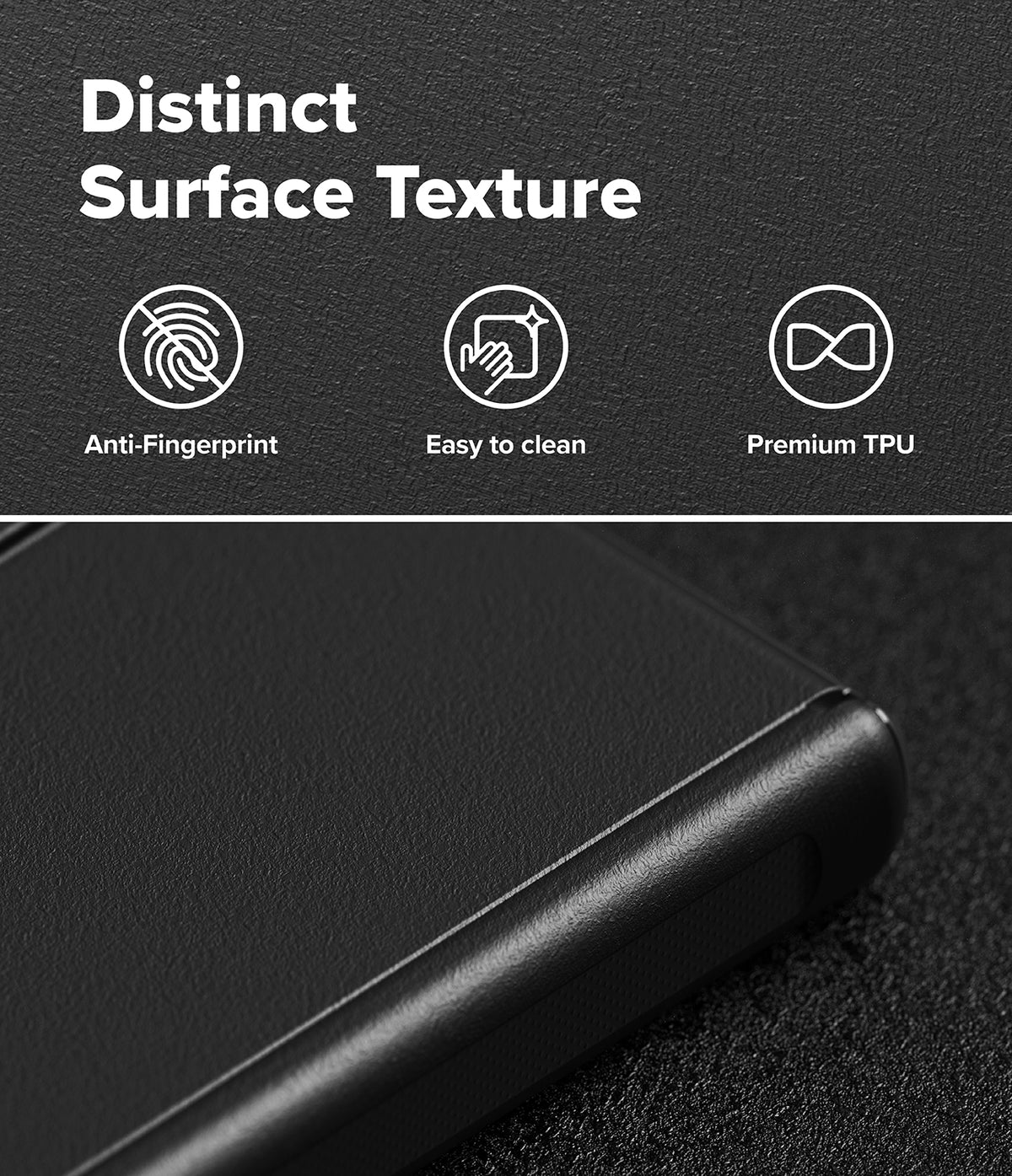 Galaxy Z Fold 8 Case | Onyx Flap - Close-up of a black textured phone case with a raised edge, shown below marketing text that reads 'Distinct Surface Texture' with icons for anti-fingerprint, easy to clean, and premium TPU.