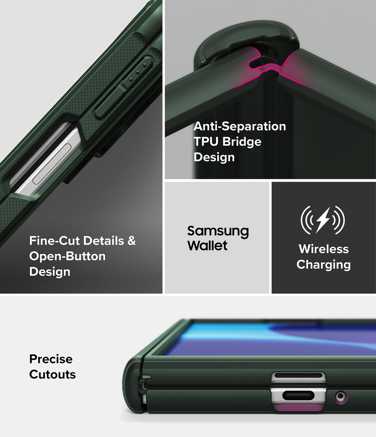 Galaxy Z Fold 8 Case | Onyx Flap - Dark green rugged phone case shown in a multi-panel feature graphic highlighting its anti-separation TPU bridge design, fine-cut details, open-button design, precise cutouts, Samsung wallet compatibility, and wireless charging support.