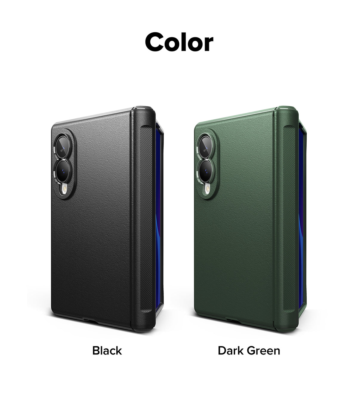 Galaxy Z Fold 8 Case | Onyx Flap - Two phone cases shown side by side on a white background under the heading 'Color'. The left case is labeled 'Black' and is matte black with a blue side accent.