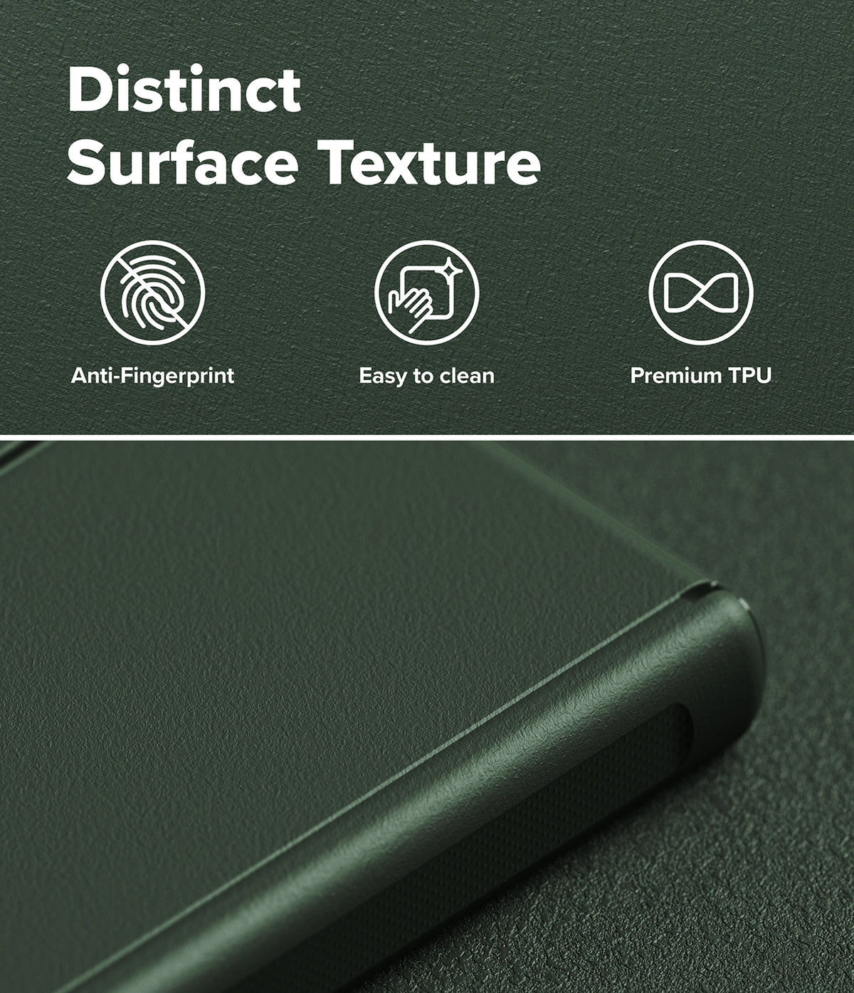 Galaxy Z Fold 8 Case | Onyx Flap - Dark green phone case with a textured surface, featuring a close-up of the corner showing its premium TPU material. The top portion contains white text reading 'Distinct Surface Texture' with three icons labeled 'Anti-Fingerprint', 'Easy to clean', and 'Premium TPU'.