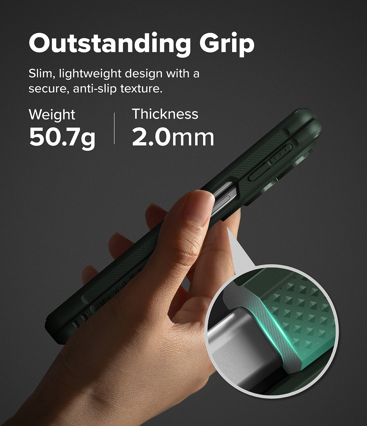 Galaxy Z Fold 8 Case | Onyx Flap - A hand holds a dark green rugged phone case against a dark gray background, with marketing text reading 'Outstanding Grip' and feature callouts including weight 50.7g and thickness 2.