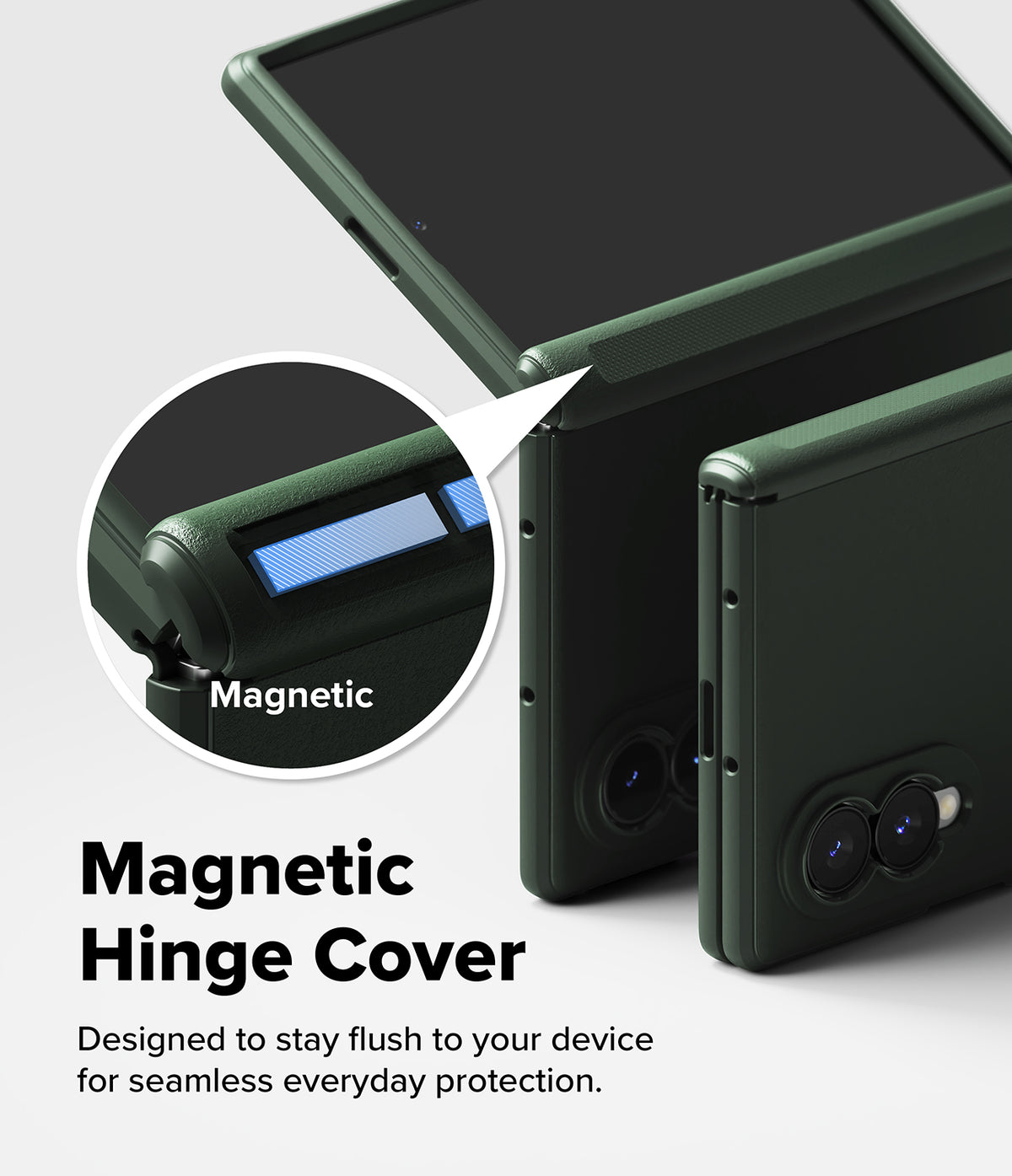 Galaxy Z Fold 8 Case | Onyx Flap - Dark green magnetic hinge cover case shown on a smartphone, with a circular inset highlighting the magnetic feature and text reading 'Magnetic Hinge Cover' on a light gray background.