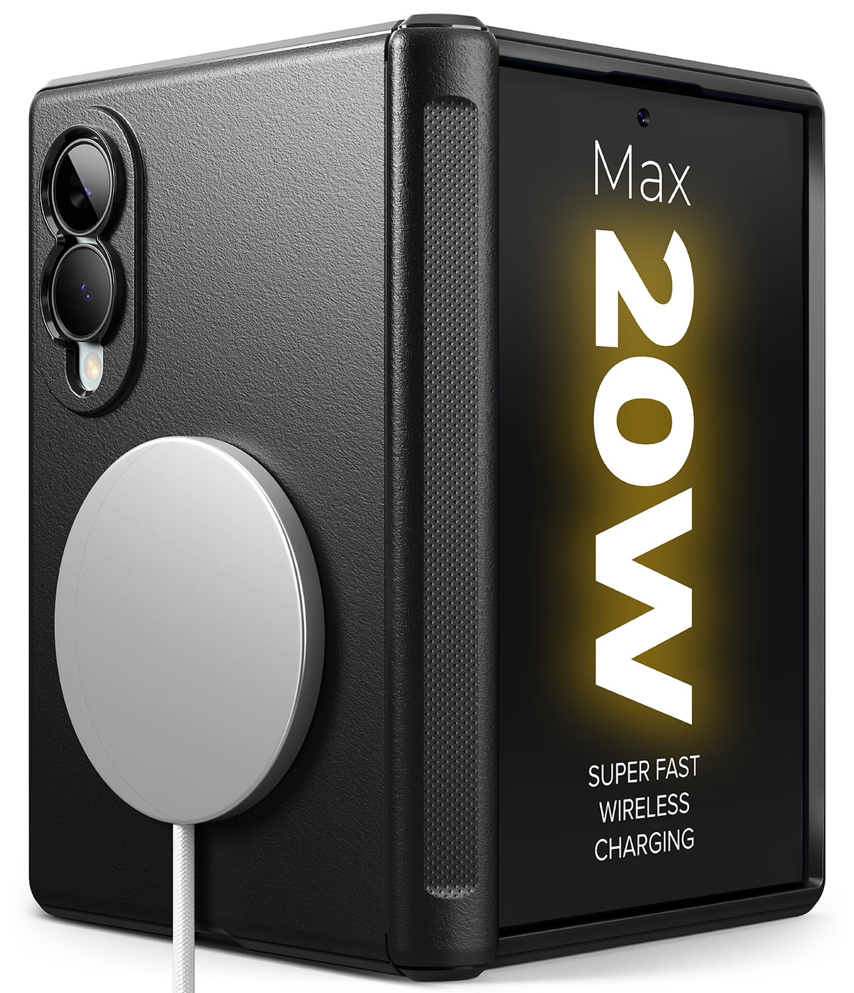 Galaxy Z Fold 8 Case | Onyx Flap Magnetic - Black textured phone case with a circular magnetic ring on the back, shown on a smartphone with the screen turned on against a plain white background.