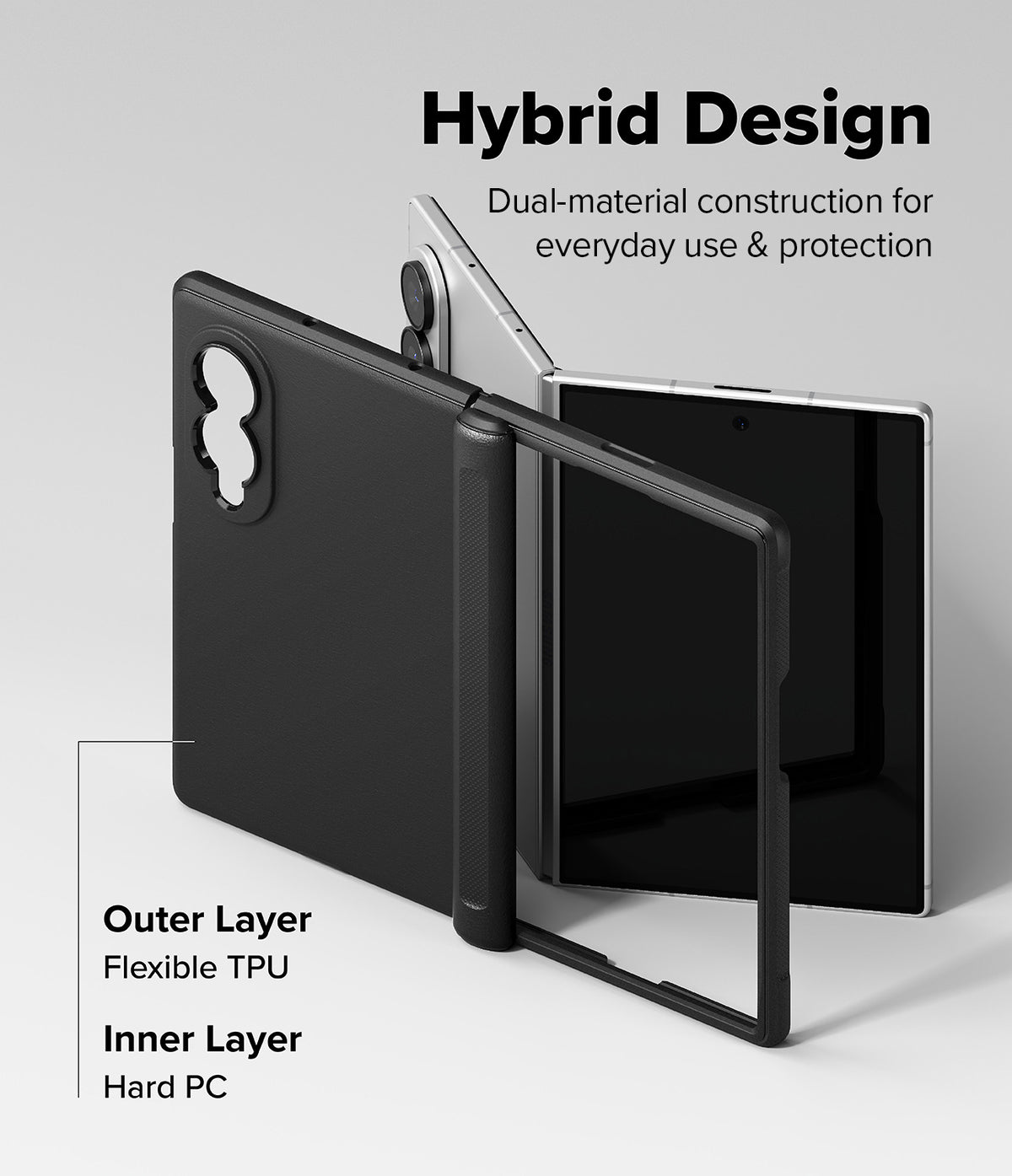 Galaxy Z Fold 8 Case | Onyx Flap Magnetic - A black protective case for a foldable tablet, shown in a clean studio render with text explaining its hybrid design. The image highlights the outer flexible TPU layer and inner hard PC layer, with the tablet partially opened to demonstrate the case's fit and flexibility.