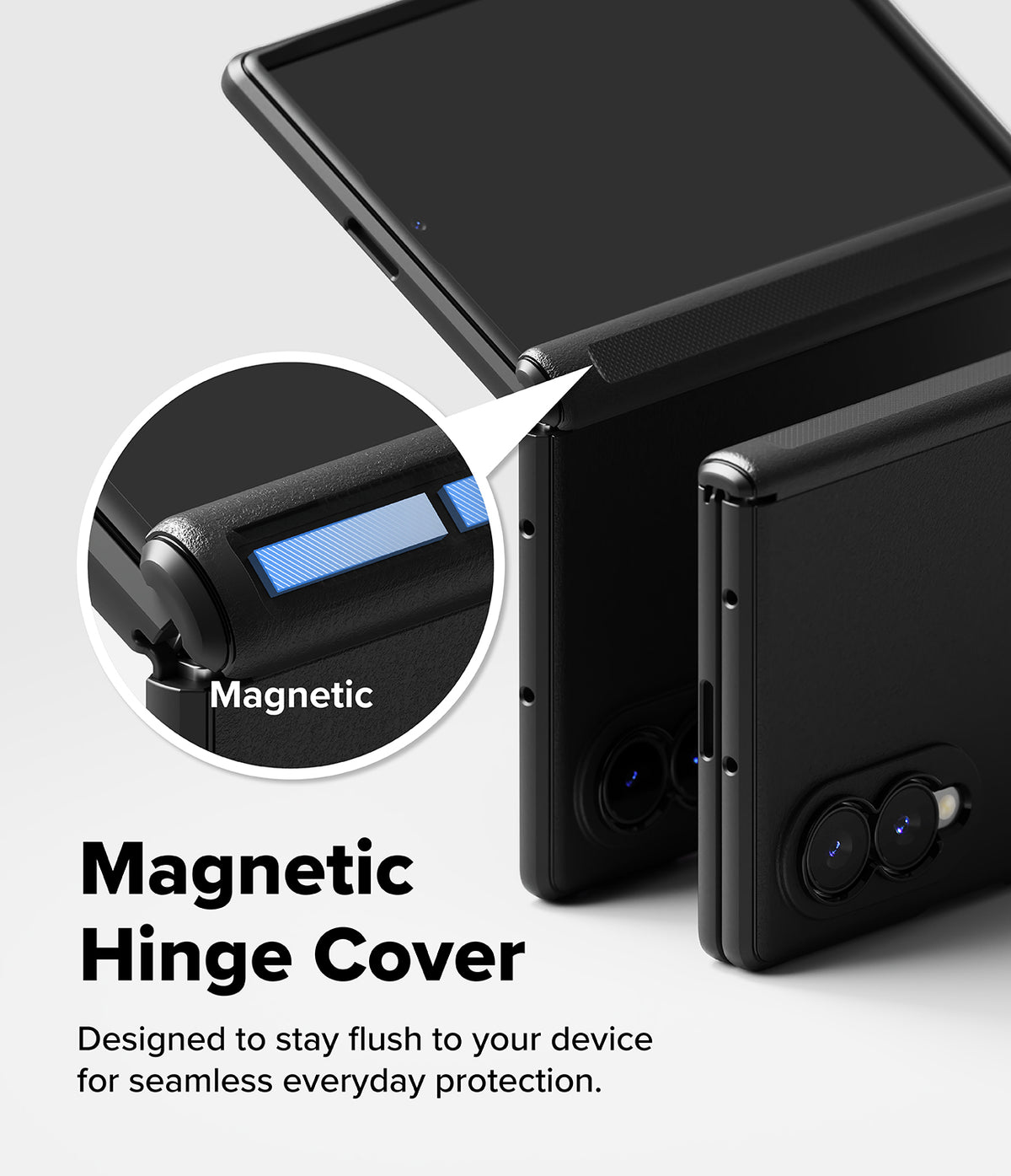 Galaxy Z Fold 8 Case | Onyx Flap Magnetic - Black magnetic hinge cover shown on a smartphone fold, with a circular inset highlighting the magnetic feature and text reading 'Magnetic Hinge Cover' on a light gray background.