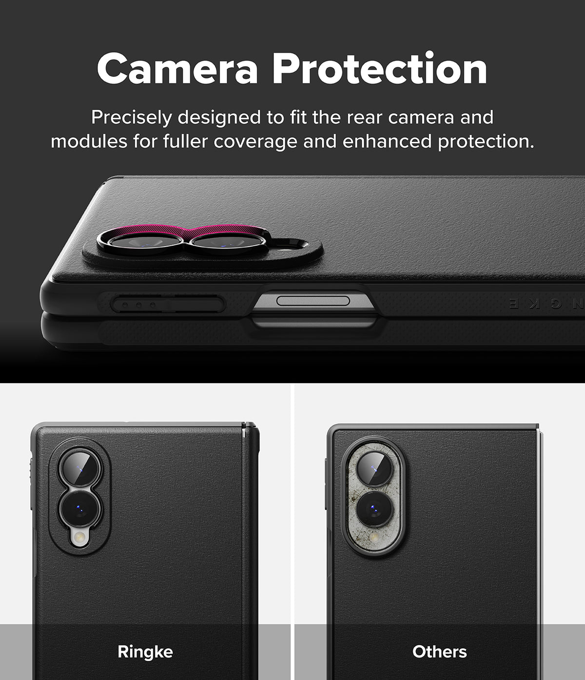 Galaxy Z Fold 8 Case | Onyx Flap Magnetic - Black camera protection case shown on a smartphone, with text reading 'Camera Protection' and two smaller phone views below labeled Ringke and Others.