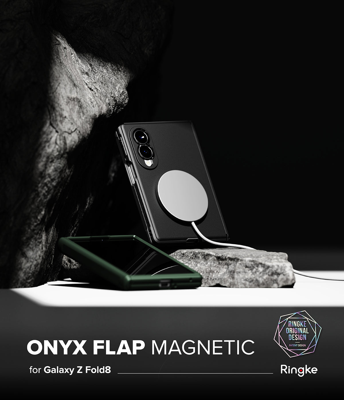 Galaxy Z Fold 8 Case | Onyx Flap Magnetic - A black magnetic phone case with a transparent flap is shown on a Samsung Galaxy Z Fold8, resting on a rock against a dark background. A second phone with a dark green case lies below it.