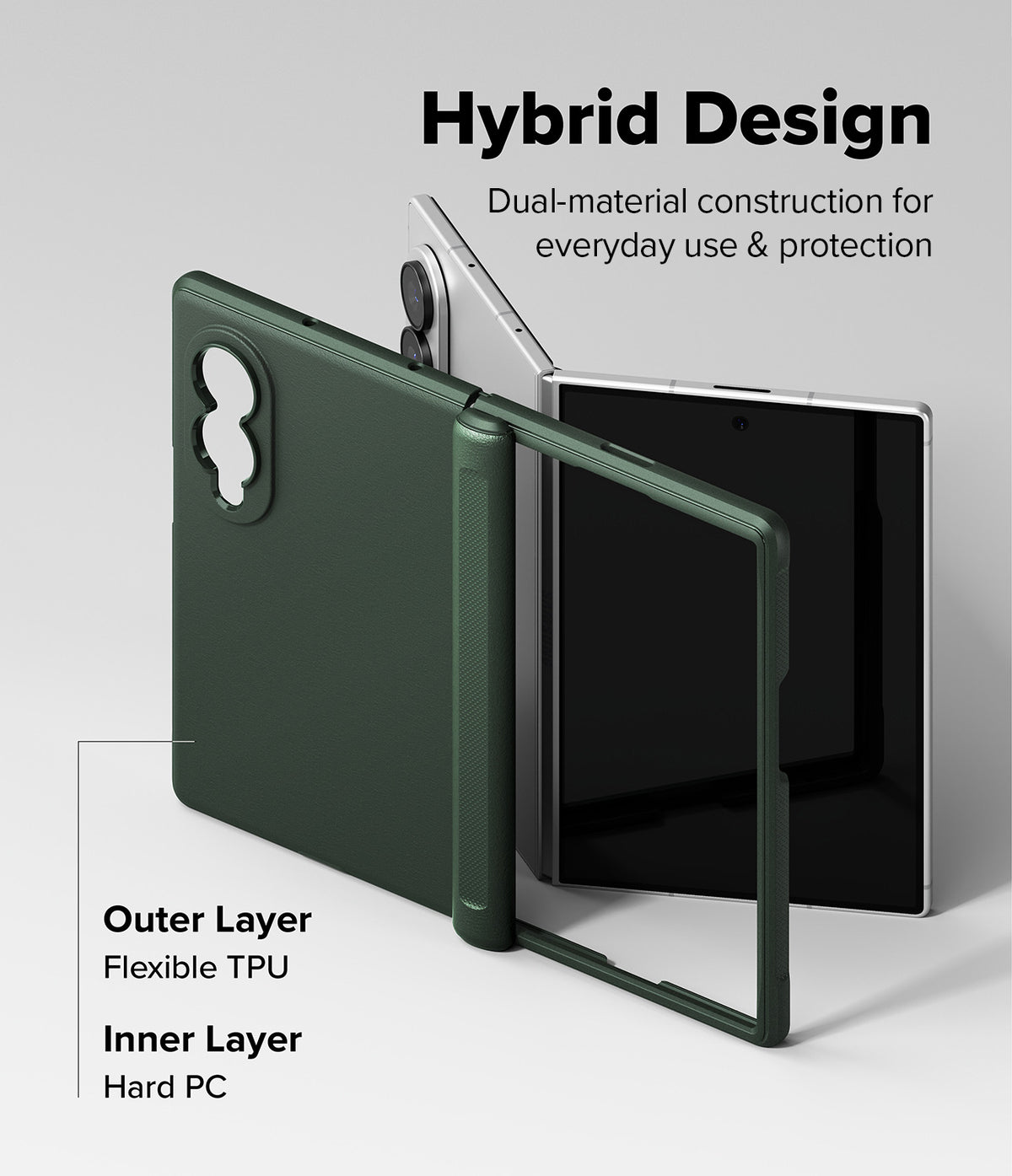 Galaxy Z Fold 8 Case | Onyx Flap Magnetic - A dark green protective case for a foldable tablet, shown both open and closed on a light gray background with text explaining its hybrid design and materials.