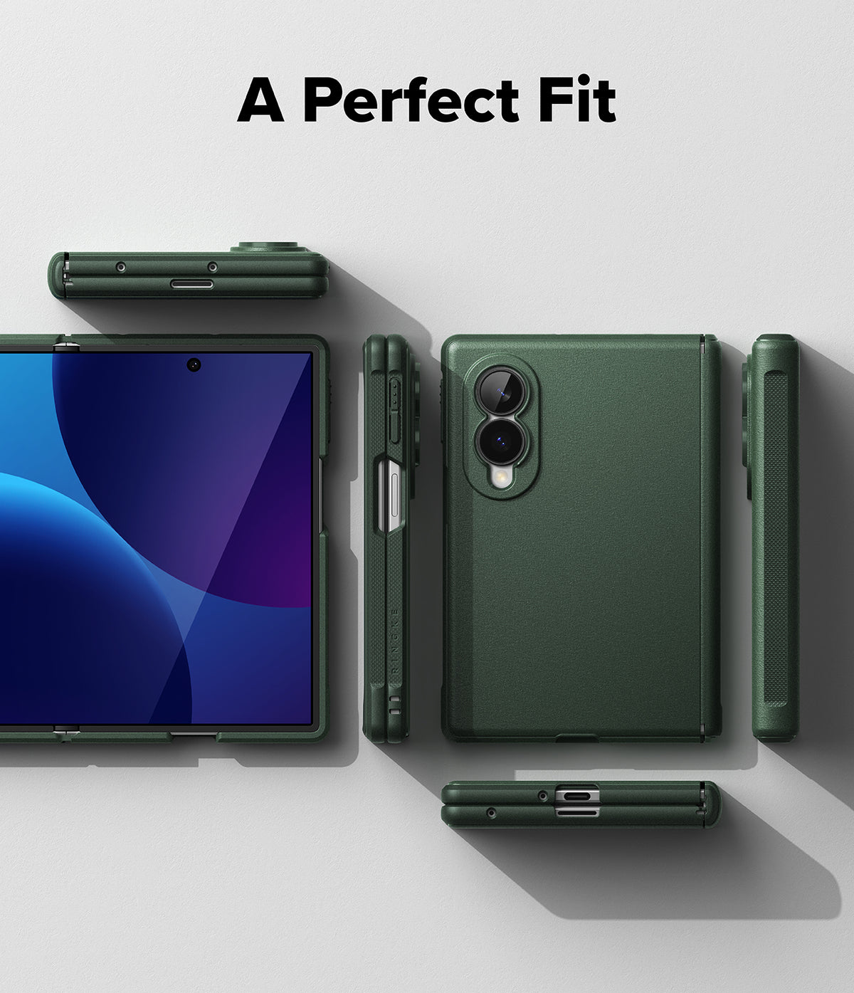 Galaxy Z Fold 8 Case | Onyx Flap Magnetic - A dark green protective case shown from multiple angles on a light gray background, with the text 'A Perfect Fit' at the top. The case is displayed around a foldable smartphone, showing the back, side, and closed front views.