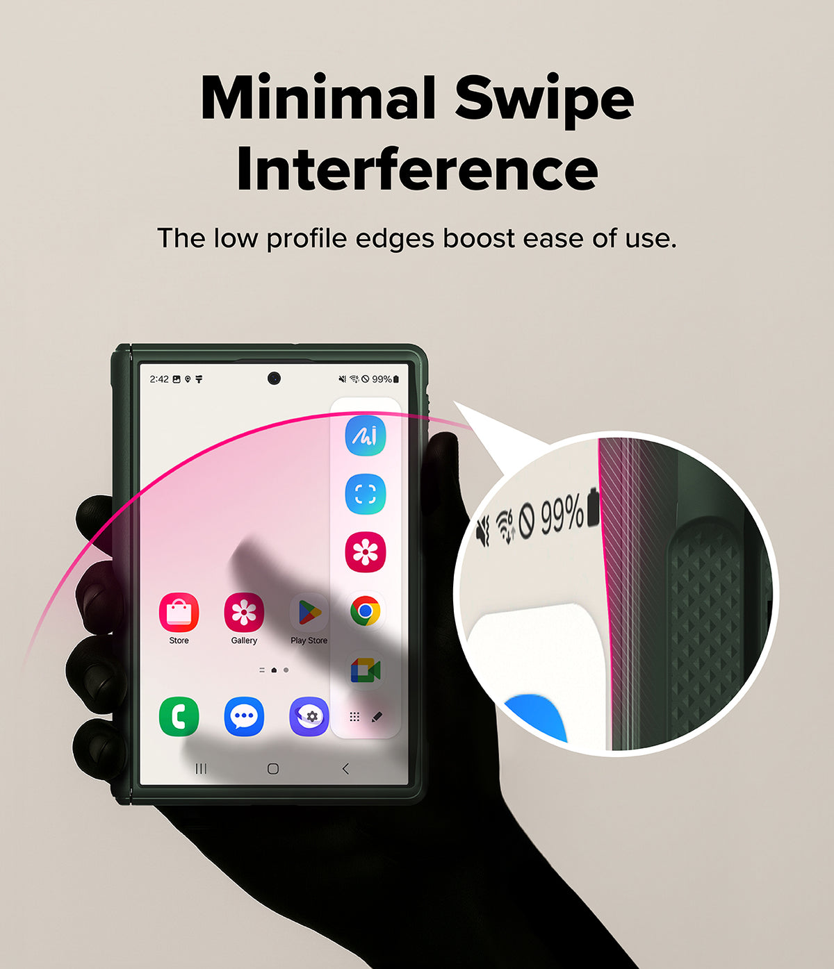 Galaxy Z Fold 8 Case | Onyx Flap Magnetic - A black smartphone case with minimal profile edges is shown on a hand against a beige background, with text reading 'Minimal Swipe Interference' and a circular inset highlighting the low-profile edge design.