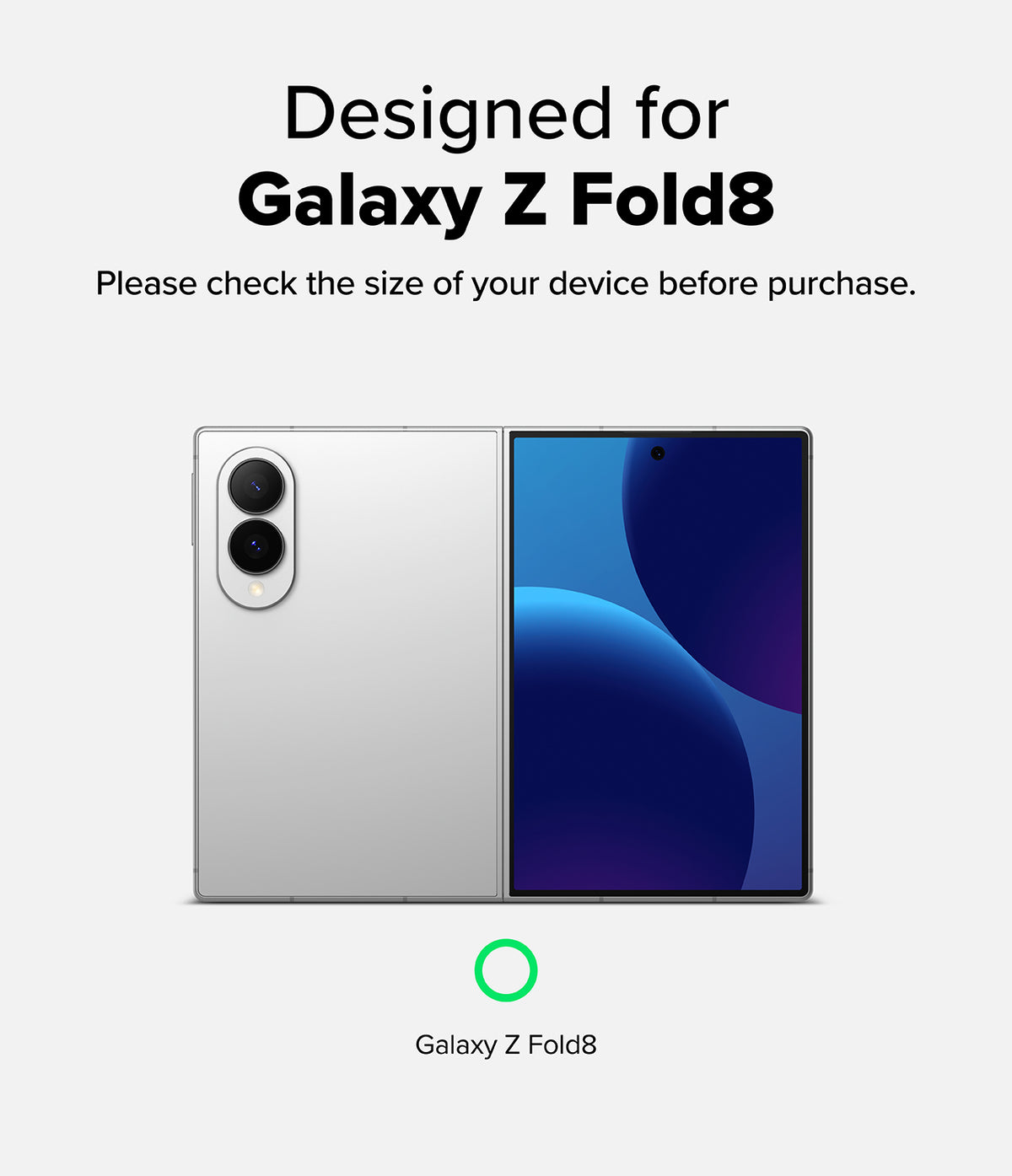 Galaxy Z Fold 8 Case | Onyx Flap Magnetic - A compatibility graphic for a smartphone case or phone accessory, showing a silver Galaxy Z Fold8 device from back and front views with text reading 'Designed for Galaxy Z Fold8' and a green ring icon below.