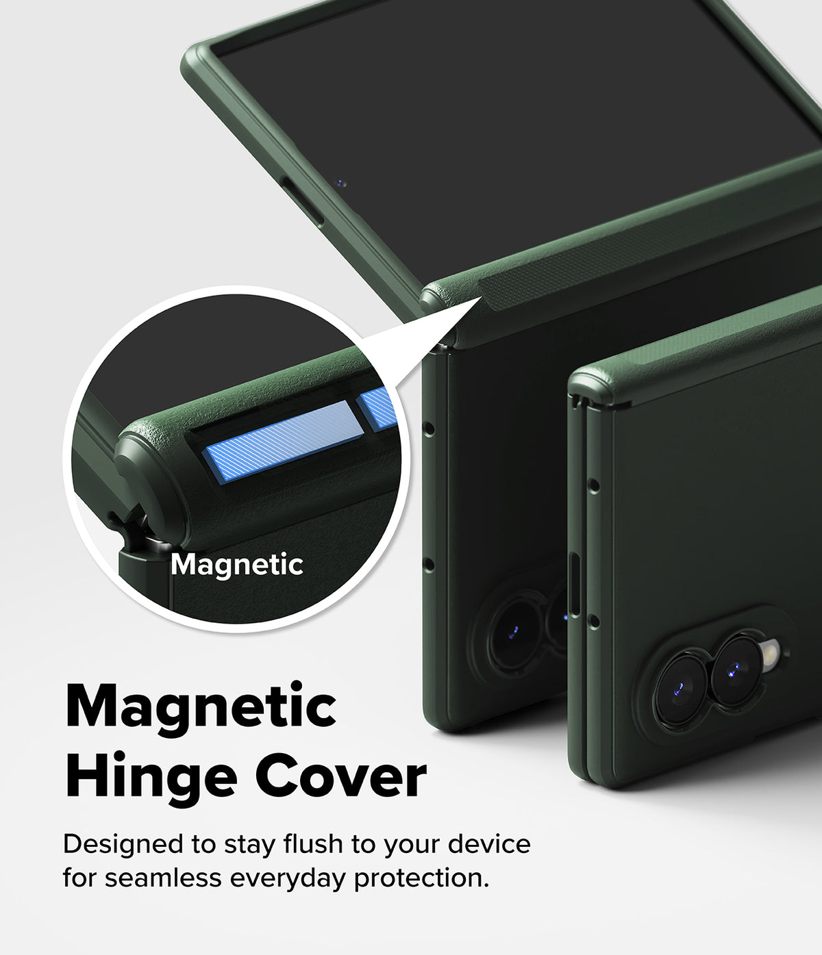 Galaxy Z Fold 8 Case | Onyx Flap Magnetic - Dark green magnetic hinge cover case shown on a smartphone, with a circular inset highlighting the magnetic feature and text reading 'Magnetic Hinge Cover' on a light gray background.