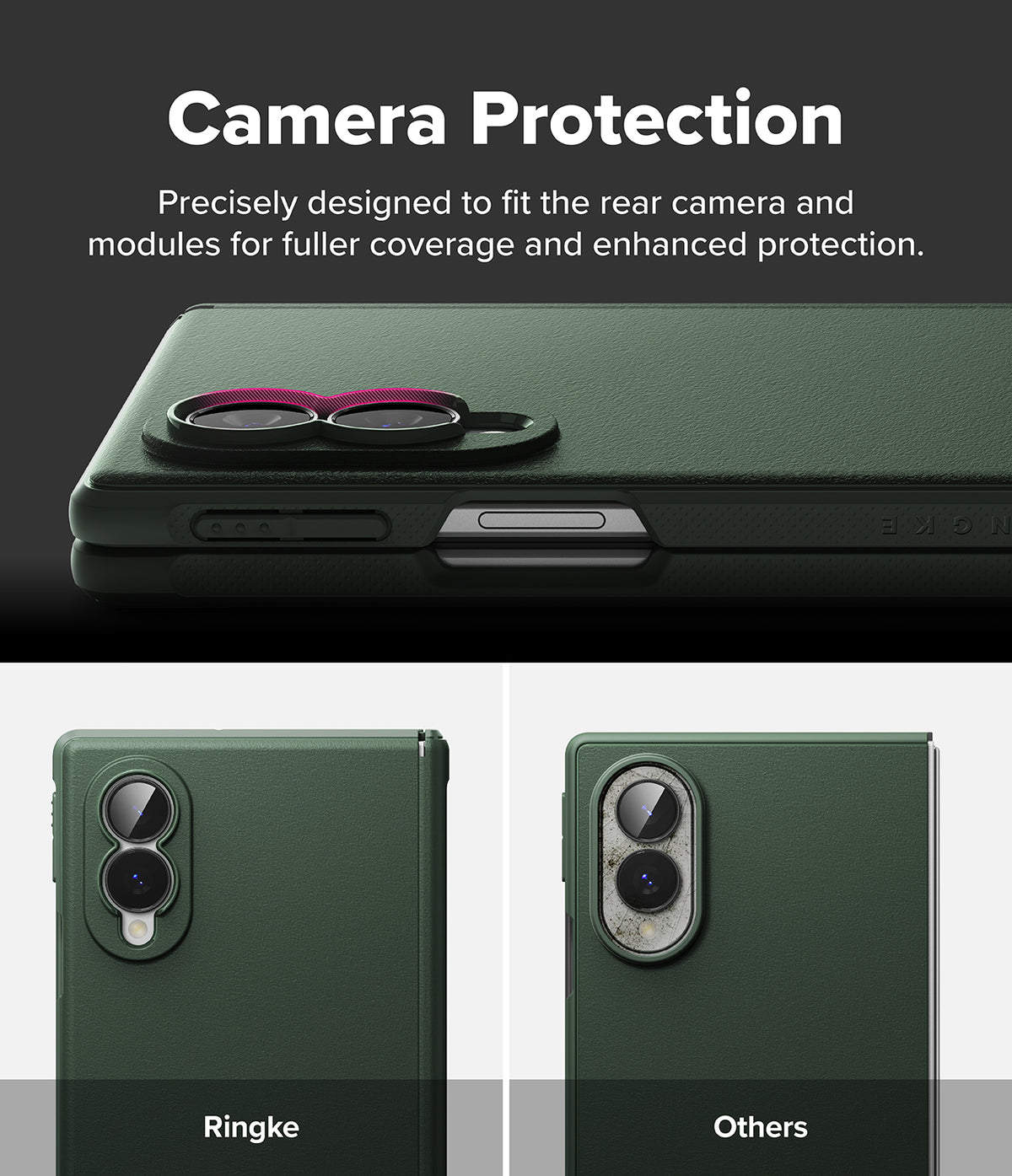Galaxy Z Fold 8 Case | Onyx Flap Magnetic - Dark green phone case with a camera bump and a small magenta ring accent, shown with text reading 'Camera Protection' and two smaller views labeled 'Ringke' and 'Others' below.