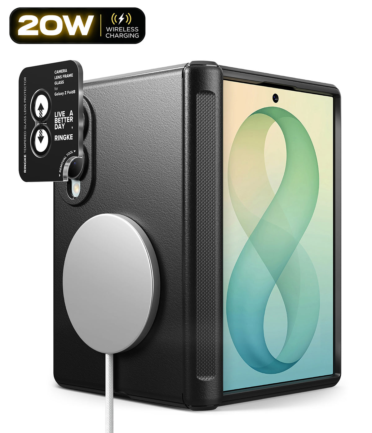 Galaxy Z Fold 8 Case | Onyx Flap Magnetic + Camera Protectors (2P) - A black protective phone case with a textured grip, shown fitted on a tablet. The case features a large circular MagSafe-compatible magnetic ring on the back and a small black camera lens protector with white text reading 'LIVE A BETTER DAY RINGKE' and camera icons.