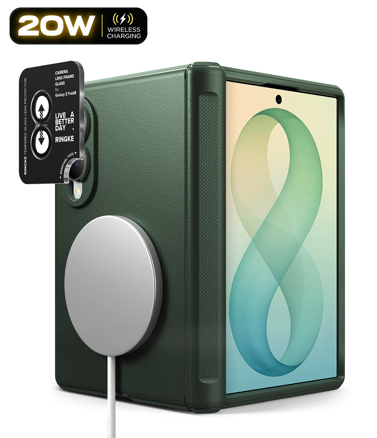 Galaxy Z Fold 8 Case | Onyx Flap Magnetic + Camera Protectors (2P) - A dark forest green rugged protective phone case with a built-in MagSafe-compatible magnetic ring and a small black camera lens protector, shown on a white background with a tablet inserted.