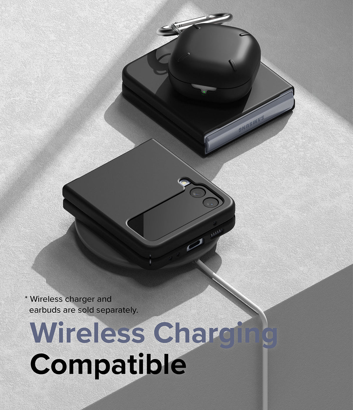 Galaxy Z Flip 4 Case | Slim - Black Galaxy Z Flip 4 in a slim case and earbuds case resting on a wireless charging pad.