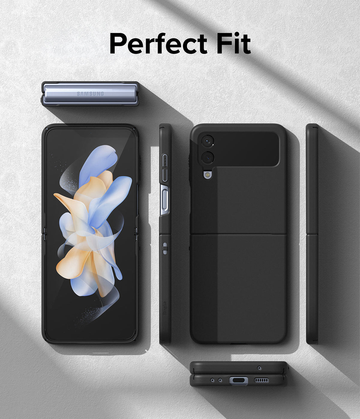 Galaxy Z Flip 4 Case | Slim - Black slim case shown on a Galaxy Z Flip 4 from multiple angles on a textured gray surface.