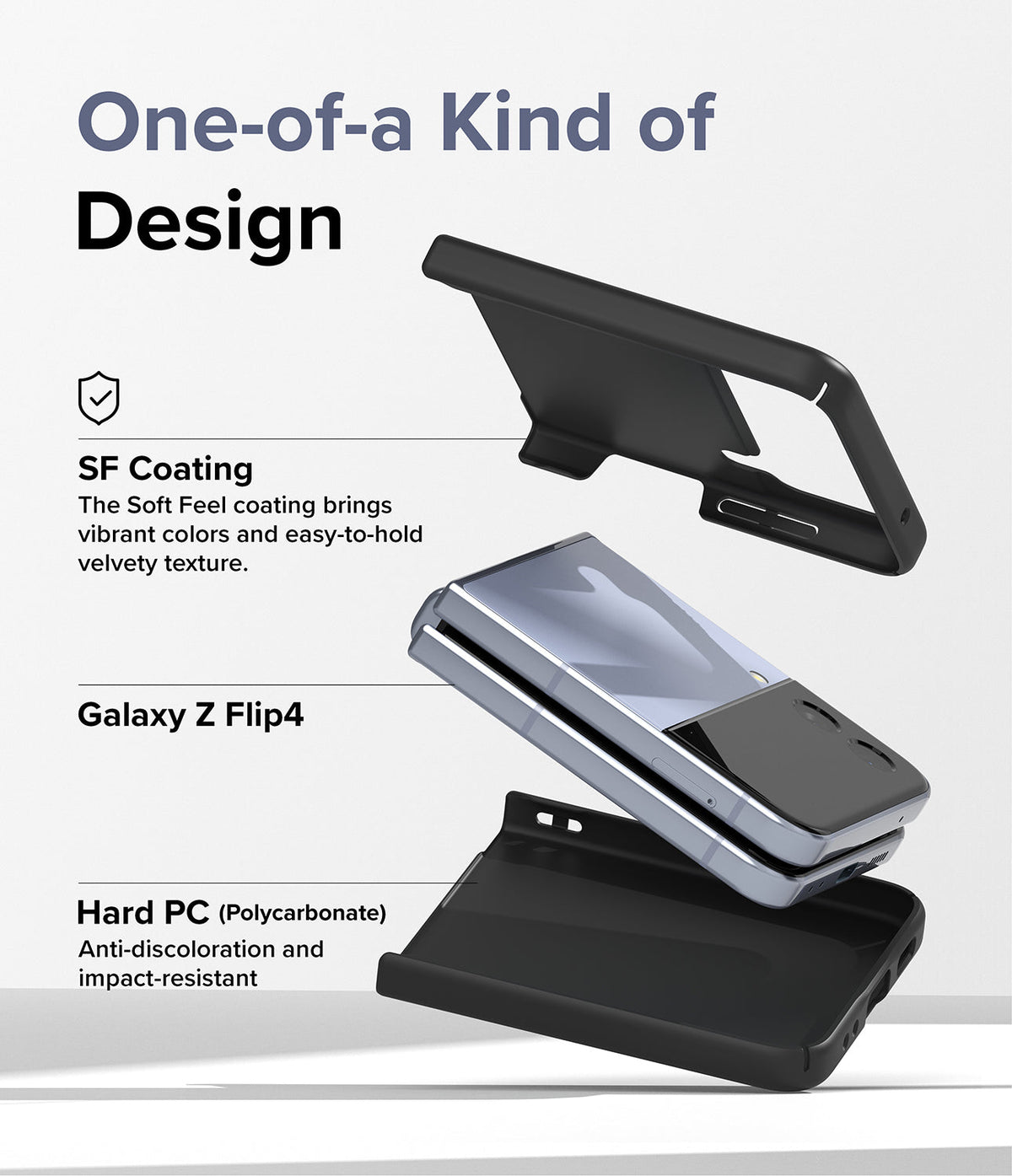 Galaxy Z Flip 4 Case | Slim - Exploded view of a Galaxy Z Flip 4 phone between two black protective case pieces.