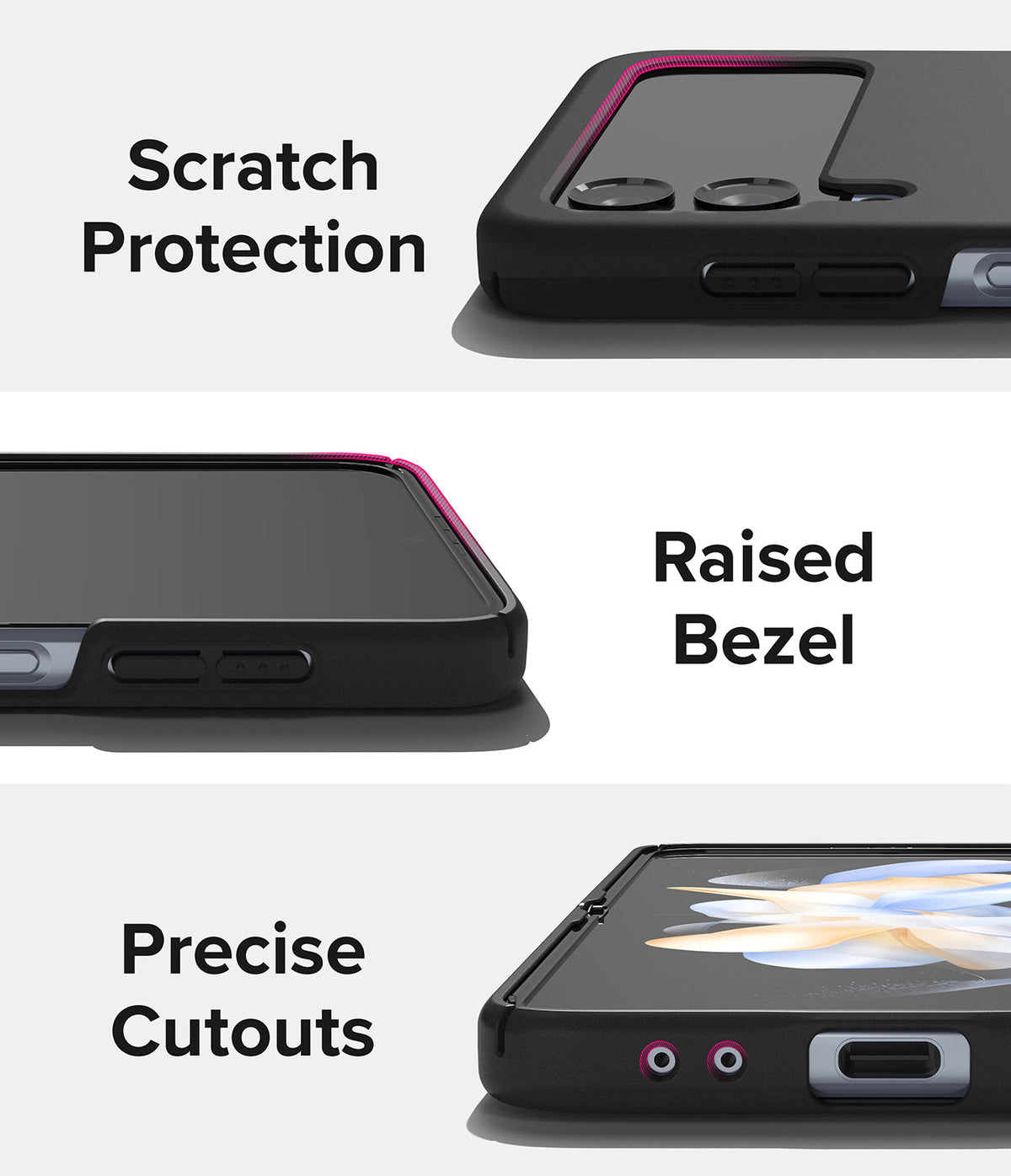 Galaxy Z Flip 4 Case | Slim - Close-ups showing scratch protection, raised bezels, and precise port cutouts on a black phone case.