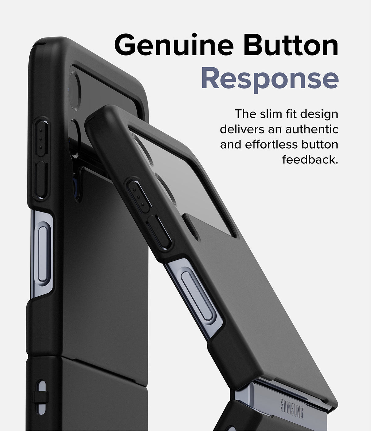 Galaxy Z Flip 4 Case | Slim - A black slim-fit case on a Galaxy Z Flip 4 highlighting precise button cutouts and feedback.
