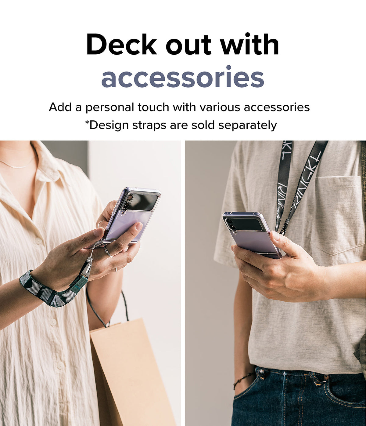 Galaxy Z Flip 4 Case | Slim - Two people holding a Galaxy Z Flip 4 in a clear case with decorative wrist and neck straps.