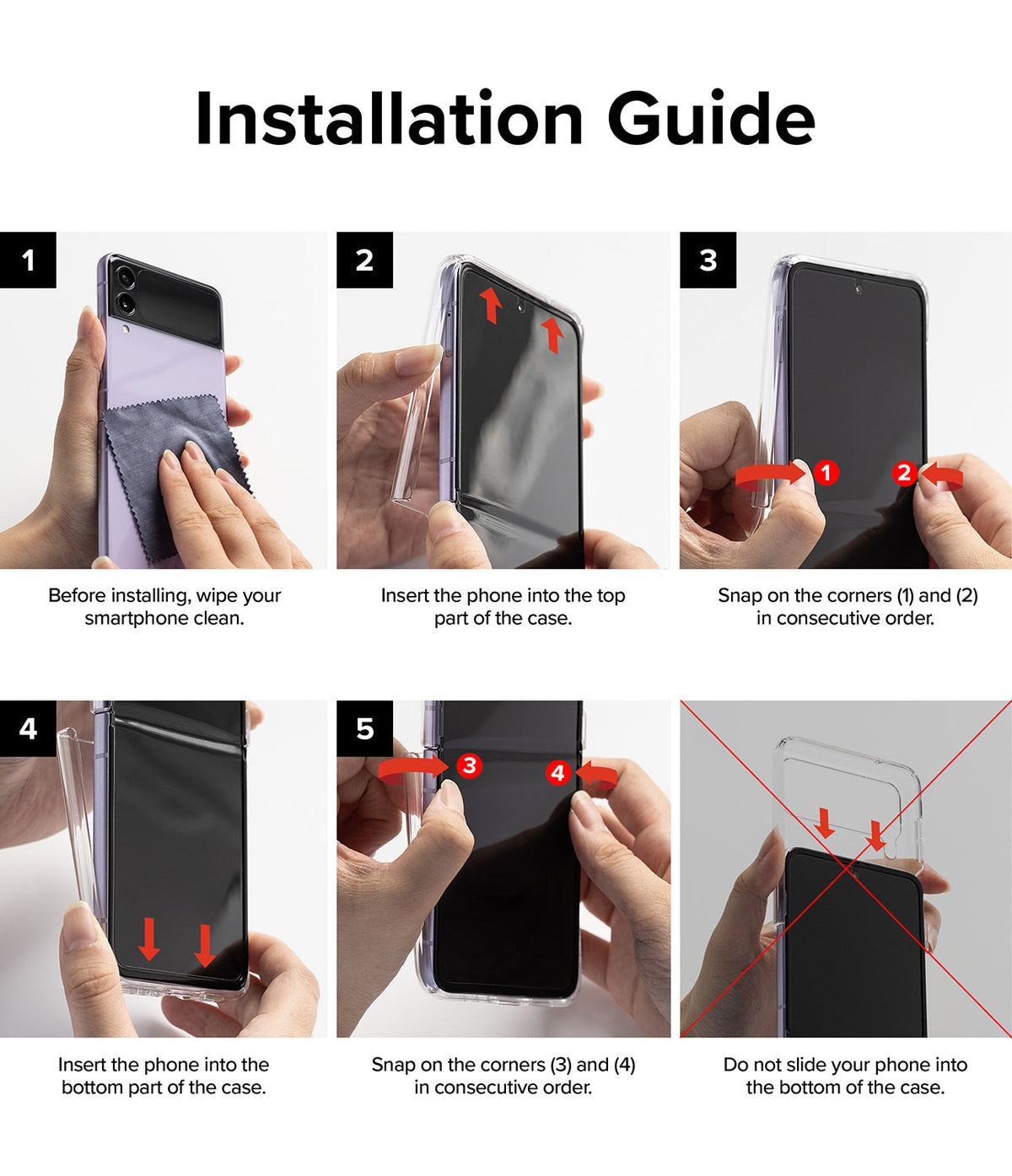 Galaxy Z Flip 4 Case | Slim - Six-step visual guide showing how to clean, insert, and snap the phone into the protective case.