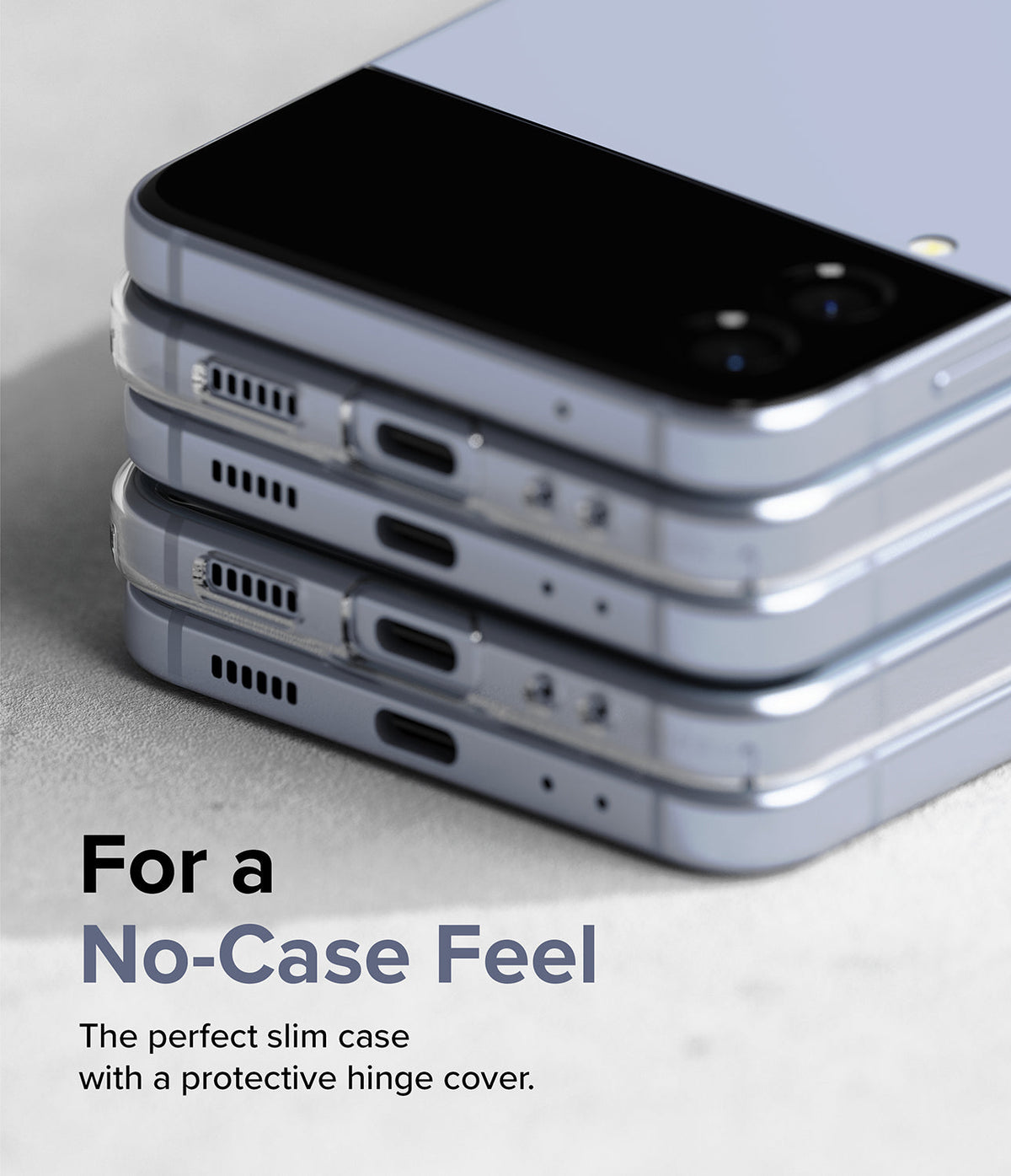 Galaxy Z Flip 4 Case | Slim - Stack of light blue Galaxy Z Flip 4 phones showing slim clear cases and charging ports.