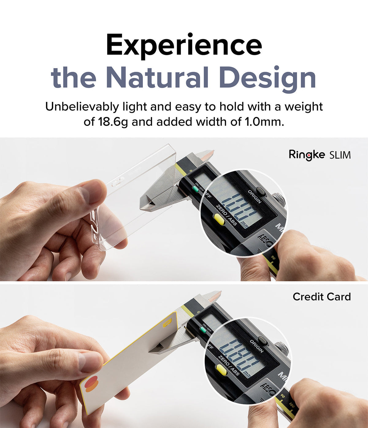 Galaxy Z Flip 4 Case | Slim - Digital calipers measuring the thinness of a clear phone case compared to a credit card.