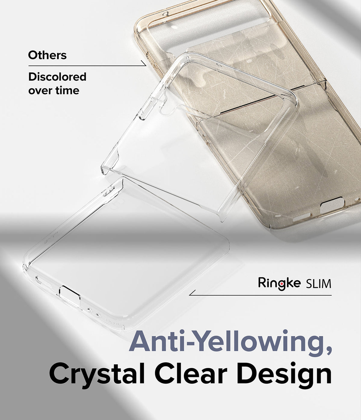 Galaxy Z Flip 4 Case | Slim - Comparison of a yellowed generic case versus a clear Ringke Slim case for Galaxy Z Flip 4.