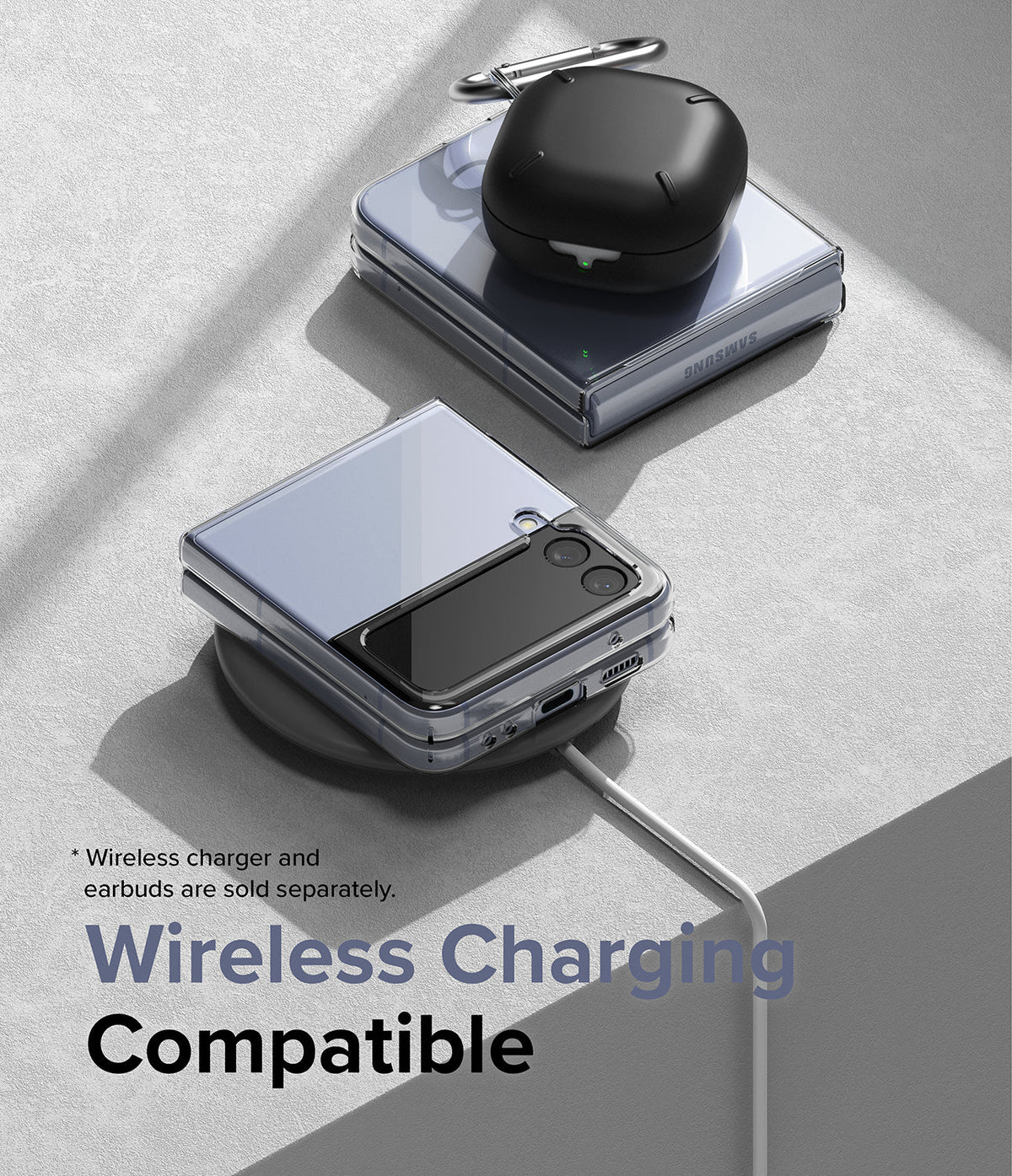 Galaxy Z Flip 4 Case | Slim - Folded phone in clear case on wireless charger with earbuds case on top.