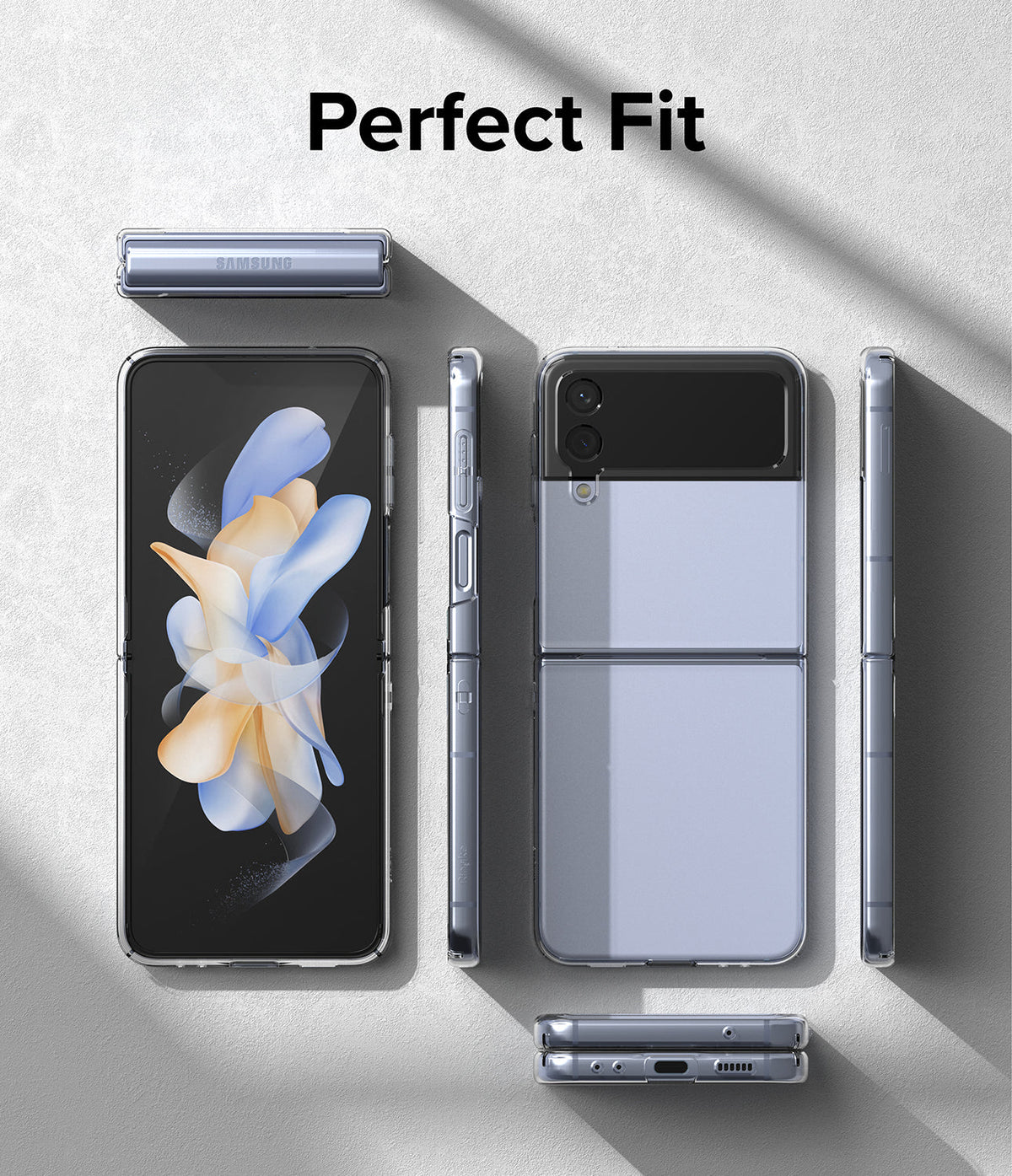 Galaxy Z Flip 4 Case | Slim - Multiple angles of a clear phone case on a light blue Galaxy Z Flip 4 against a gray background.