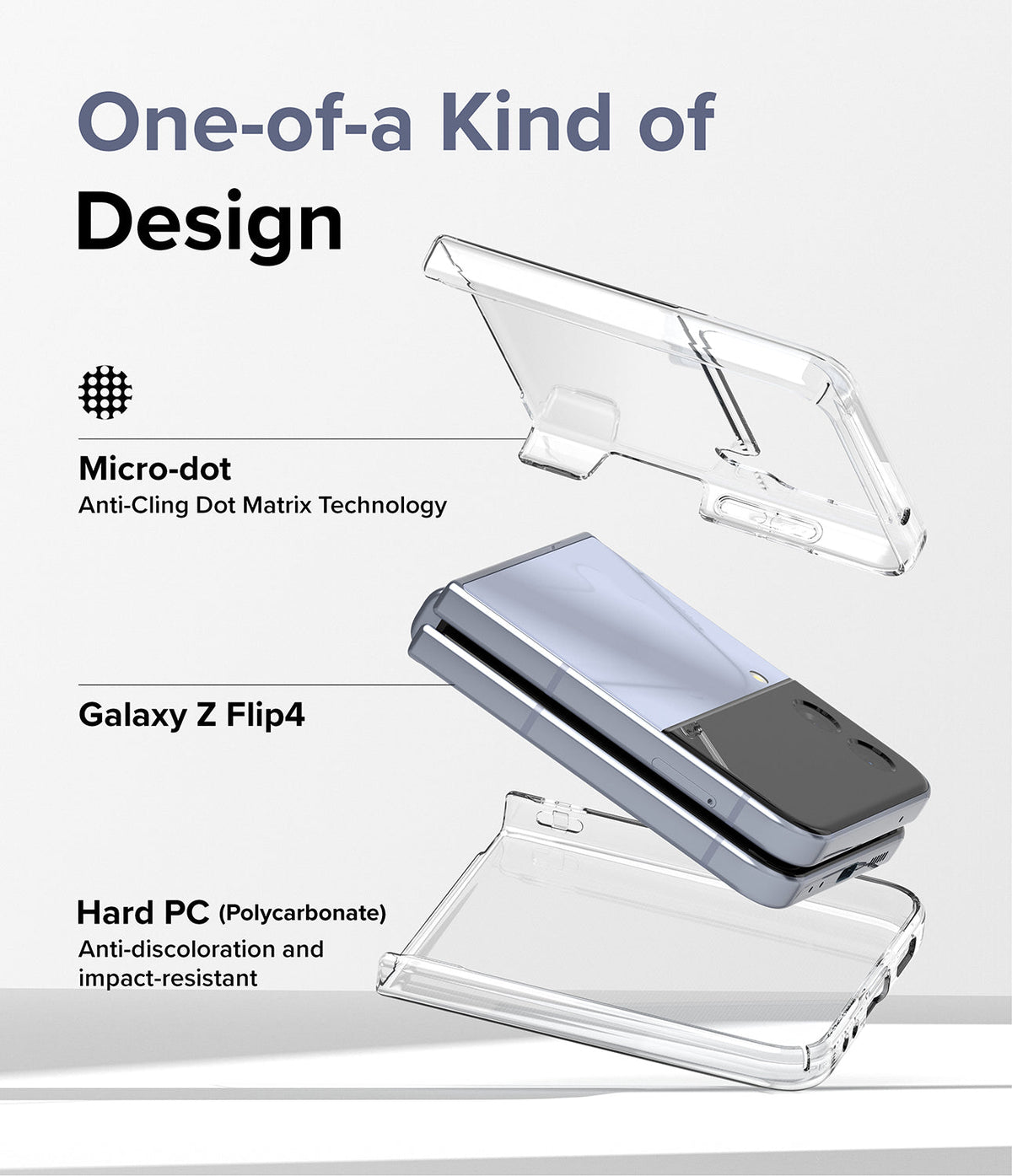 Galaxy Z Flip 4 Case | Slim - Exploded view of a clear phone case and Galaxy Z Flip 4 highlighting micro-dot and polycarbonate features.