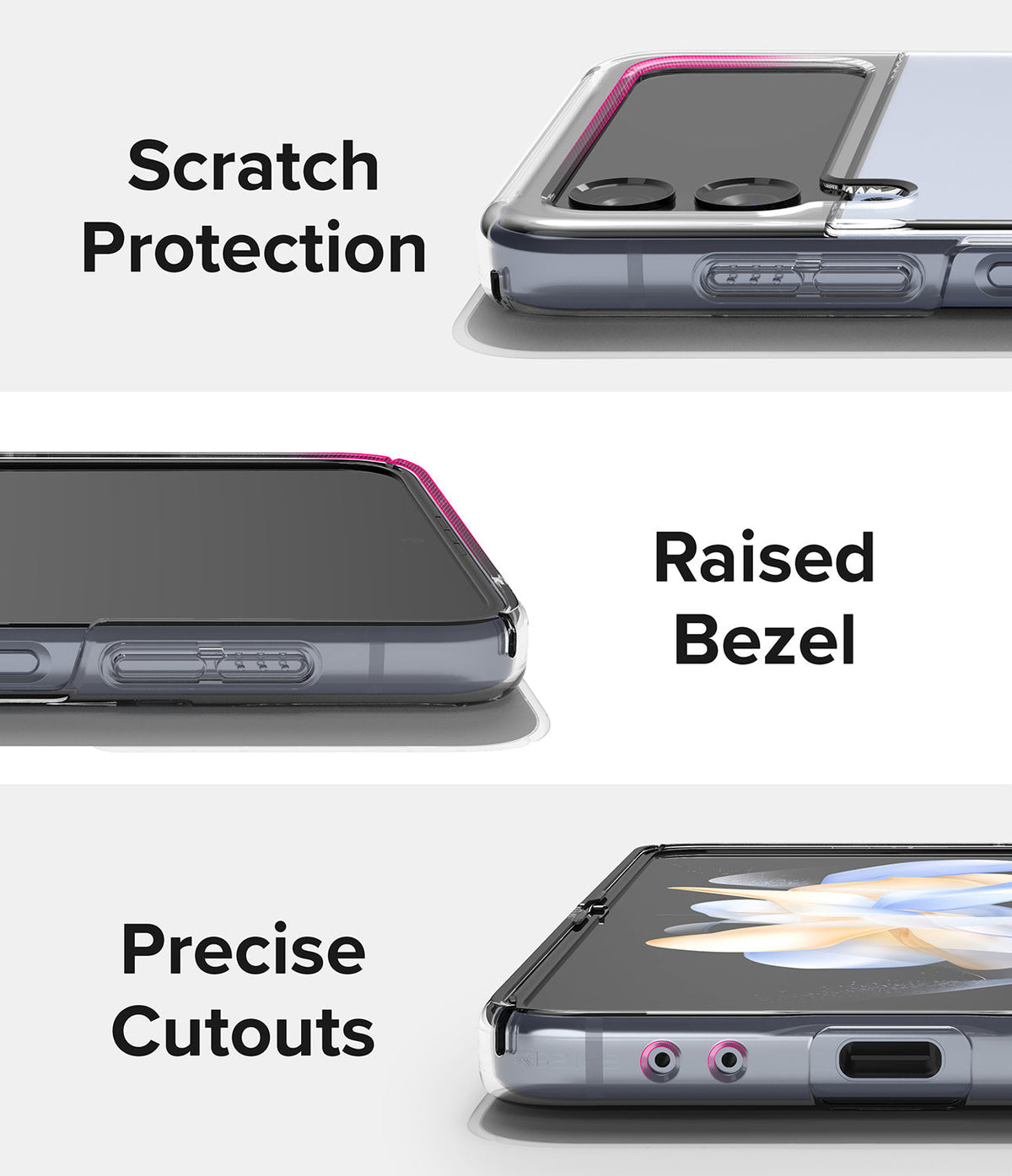Galaxy Z Flip 4 Case | Slim - Three close-up views of a clear phone case highlighting scratch protection, raised bezels, and cutouts.