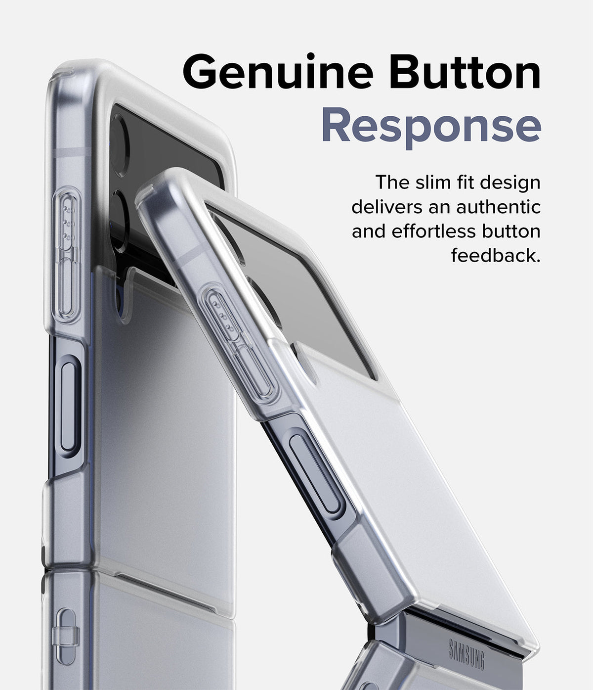 Galaxy Z Flip 4 Case | Slim - A clear, slim-fit case on a Galaxy Z Flip 4 highlighting precise, responsive button cutouts.