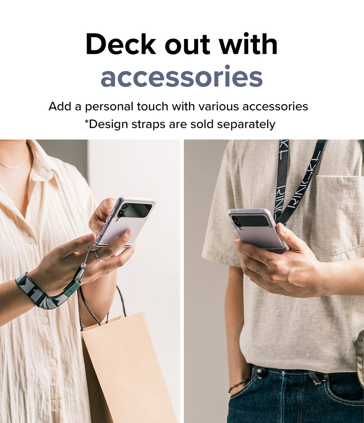 Galaxy Z Flip 4 Case | Slim - Two people holding a Galaxy Z Flip 4 with patterned wrist and neck straps attached.