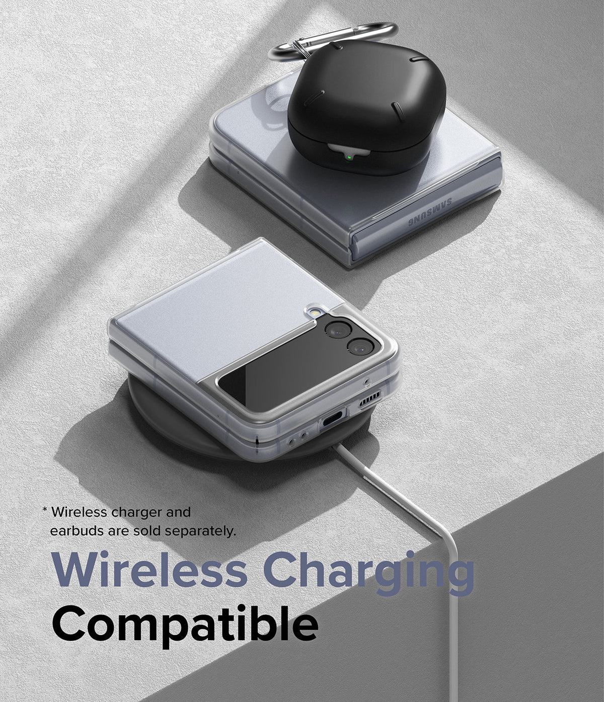 Galaxy Z Flip 4 Case | Slim - Folded phone in a clear case on a wireless charger with earbuds case on top.