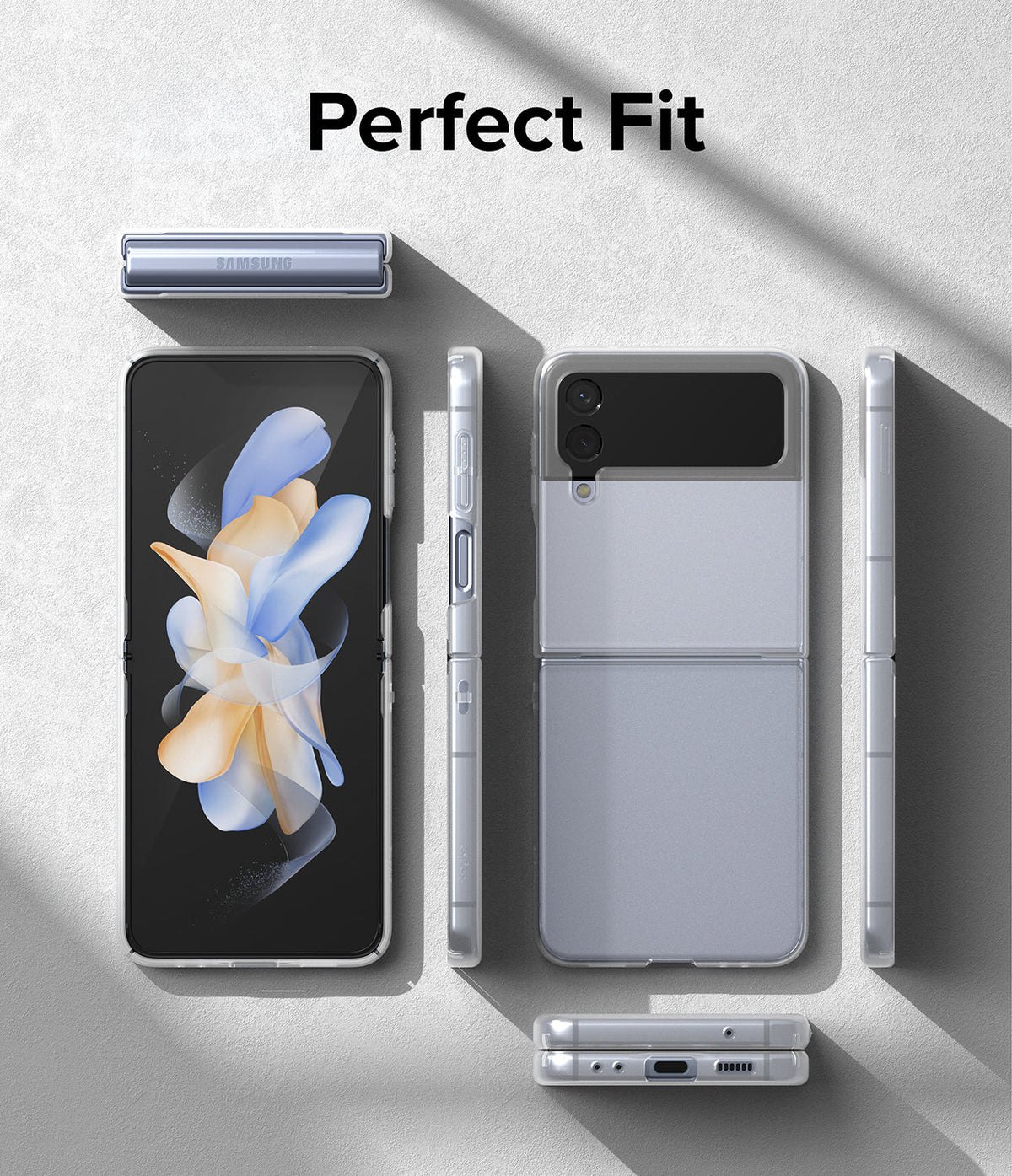 Galaxy Z Flip 4 Case | Slim - Exploded view of a Galaxy Z Flip 4 in a clear slim case showing front, back, and side angles.